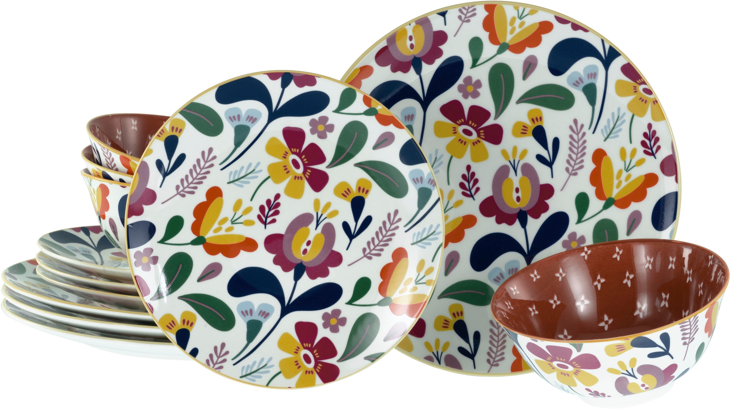 CreaTable Teller-Set »Folklore Bunt, Tellerset 12-tlg«, (Set, 12 tlg.), Blumenmotive