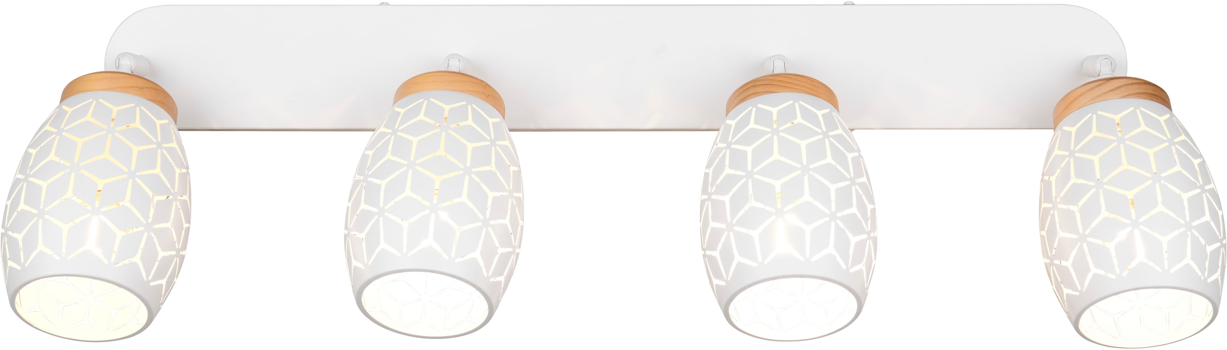 REALITY Leuchten Deckenstrahler »BIDAR 4-flammig, exkl 4x E14 max 10W, Deckenlampe Spots verstellbar«, 4 flammig, Leuchtmittel E14 | Leuchtmittel wechselbar, Metall-Lampenschirm mit Lasercut Muster und Holz-Dekoelementen