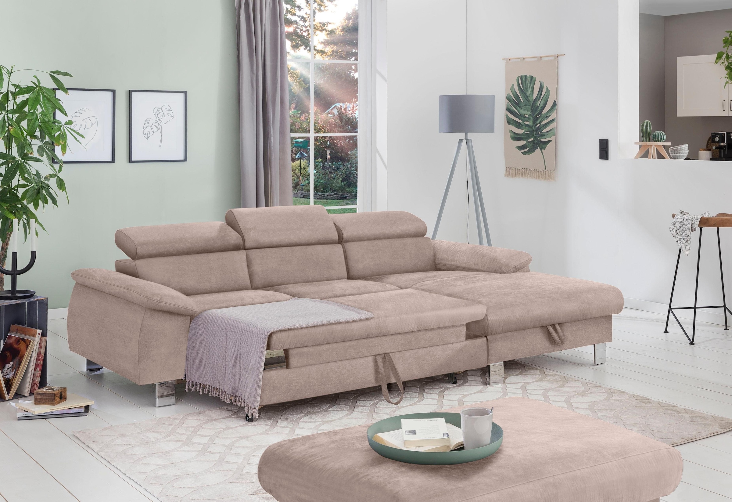 COTTA Ecksofa Komaris, Ecksofa, wahlweise mit RGB-LED-Beleuchtung und Bettfunktion/Bettkasten