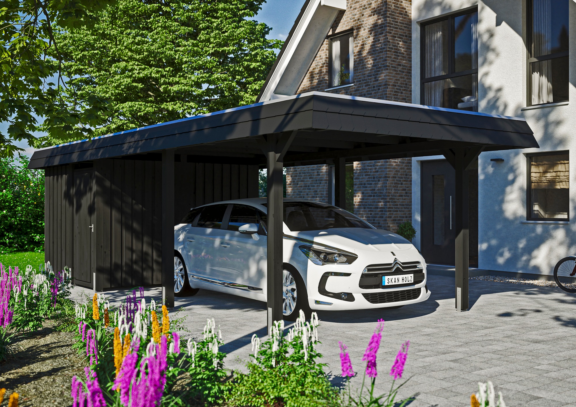 Skanholz Einzelcarport »Wendland«, Holz, 291 cm, Anthrazit, schwarze Blende