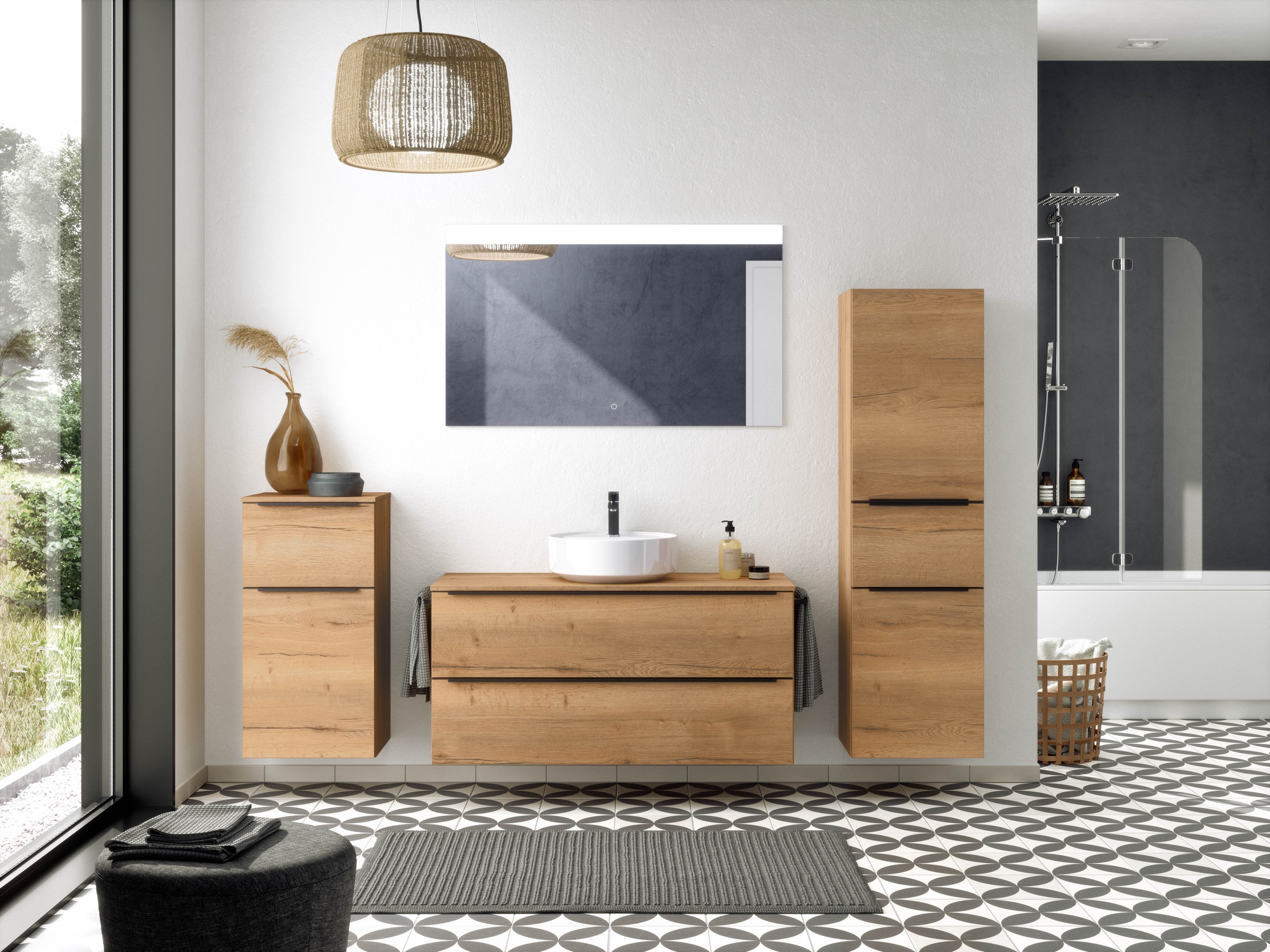 nobilia® Badmöbel-Set »Alvene«, (2 St., vormontiert, mit Soft-Close), inkl. Spiegel mit Touch-Sensor, in vier Breiten
