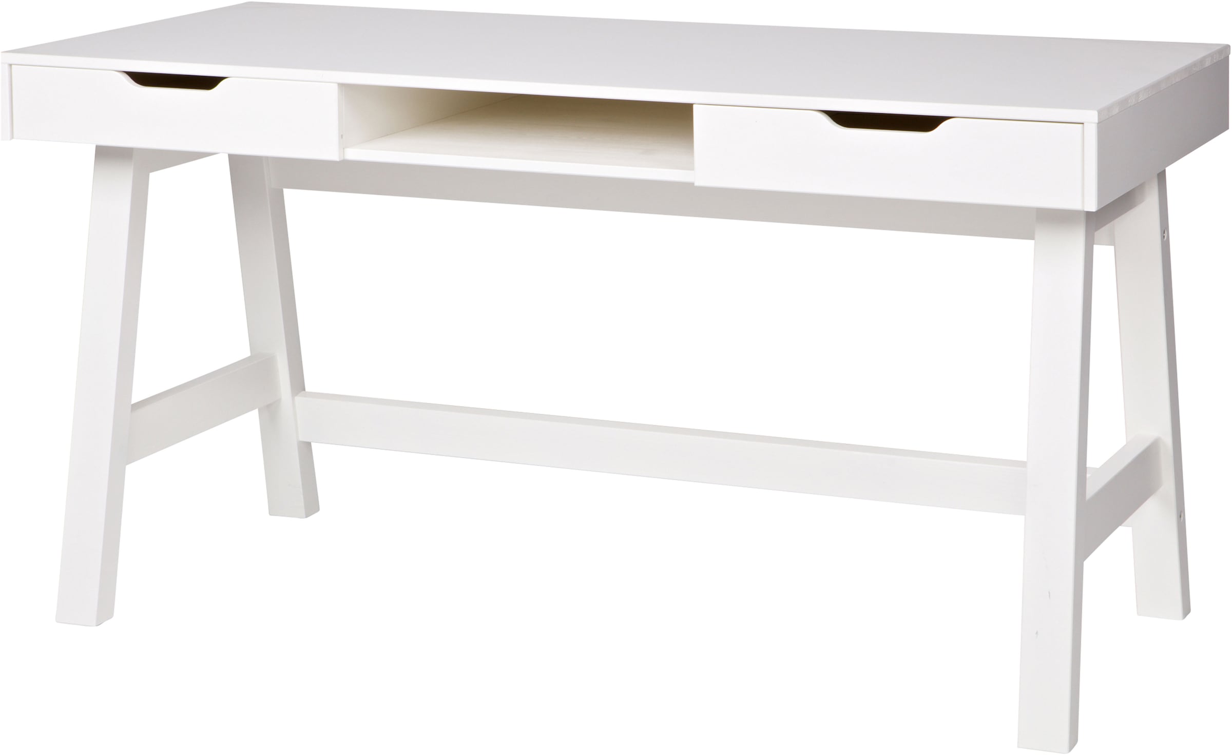 WOOOD Schreibtisch »Nikki aus Kiefernholz lackiert, zwei Schubladen 140x62x75 cm« Schubladen mit Metallführung, offenes Mittelfach, gebürstet Oberfläche