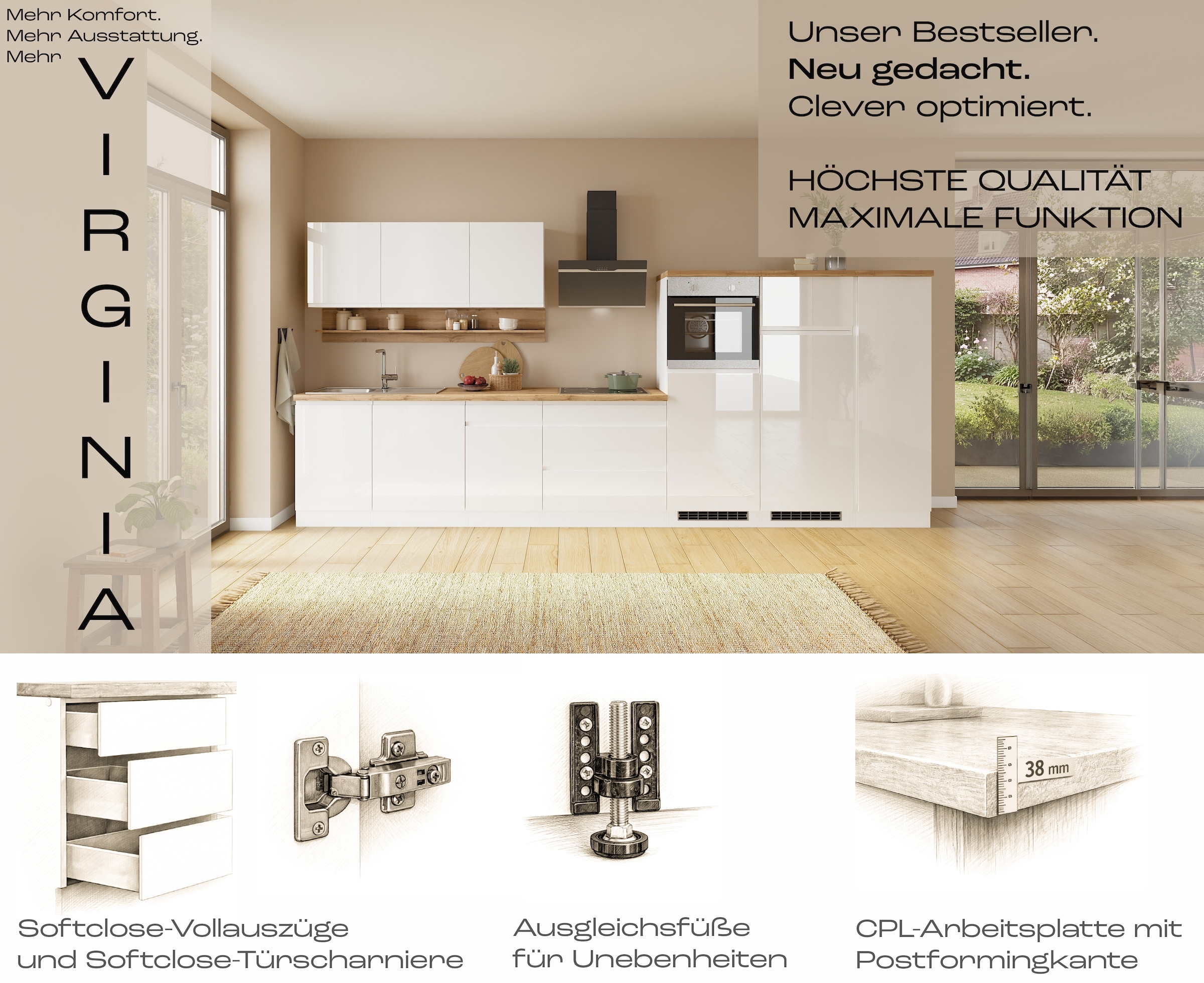 KOCHSTATION Küchenzeile »KS-Virginia,neu in verbesserter Ausführung« Arbeitsplatte 38 mm stark, Stauraum, Softclose,  Breite 360 cm, Softclose, wahlweise mit E-Geräten und Induktion