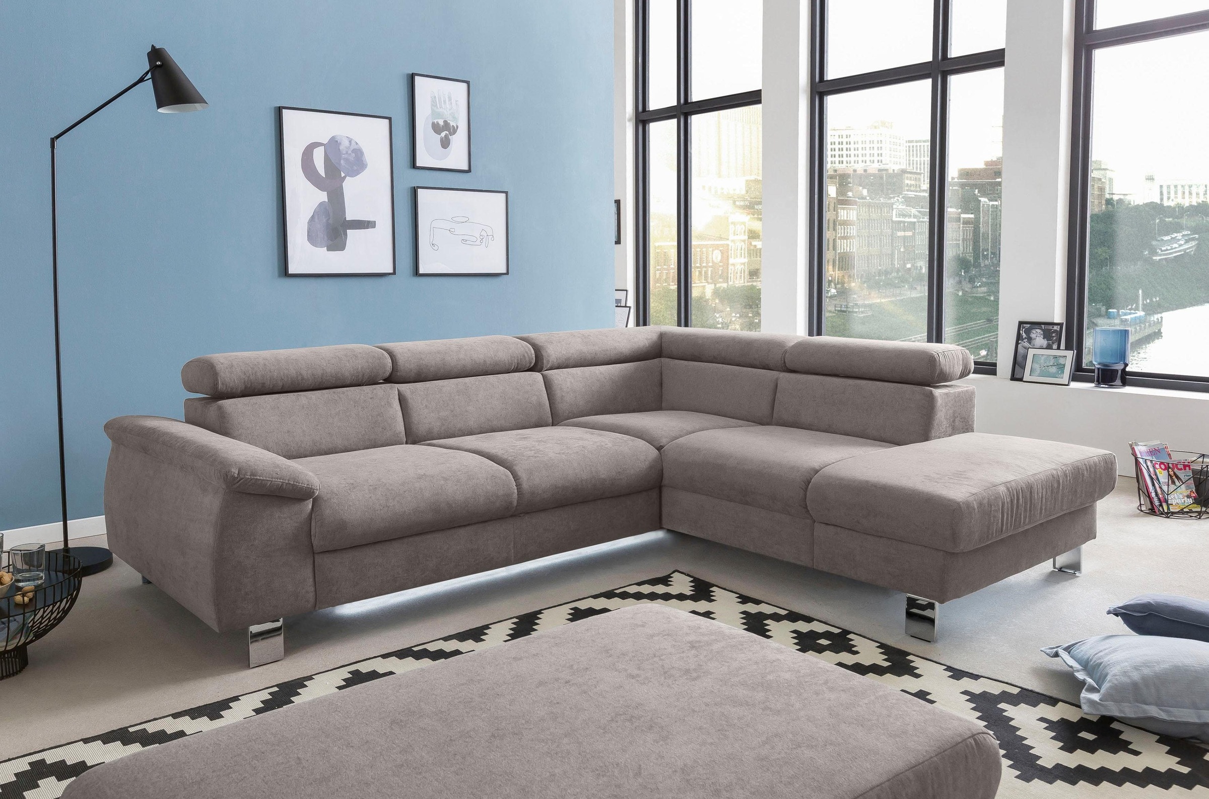 COTTA Ecksofa »Komaris L-Form mit Kopfteilverstellung«, wahlweise mit Bettfunktion, Bettkasten & Beleuchtung