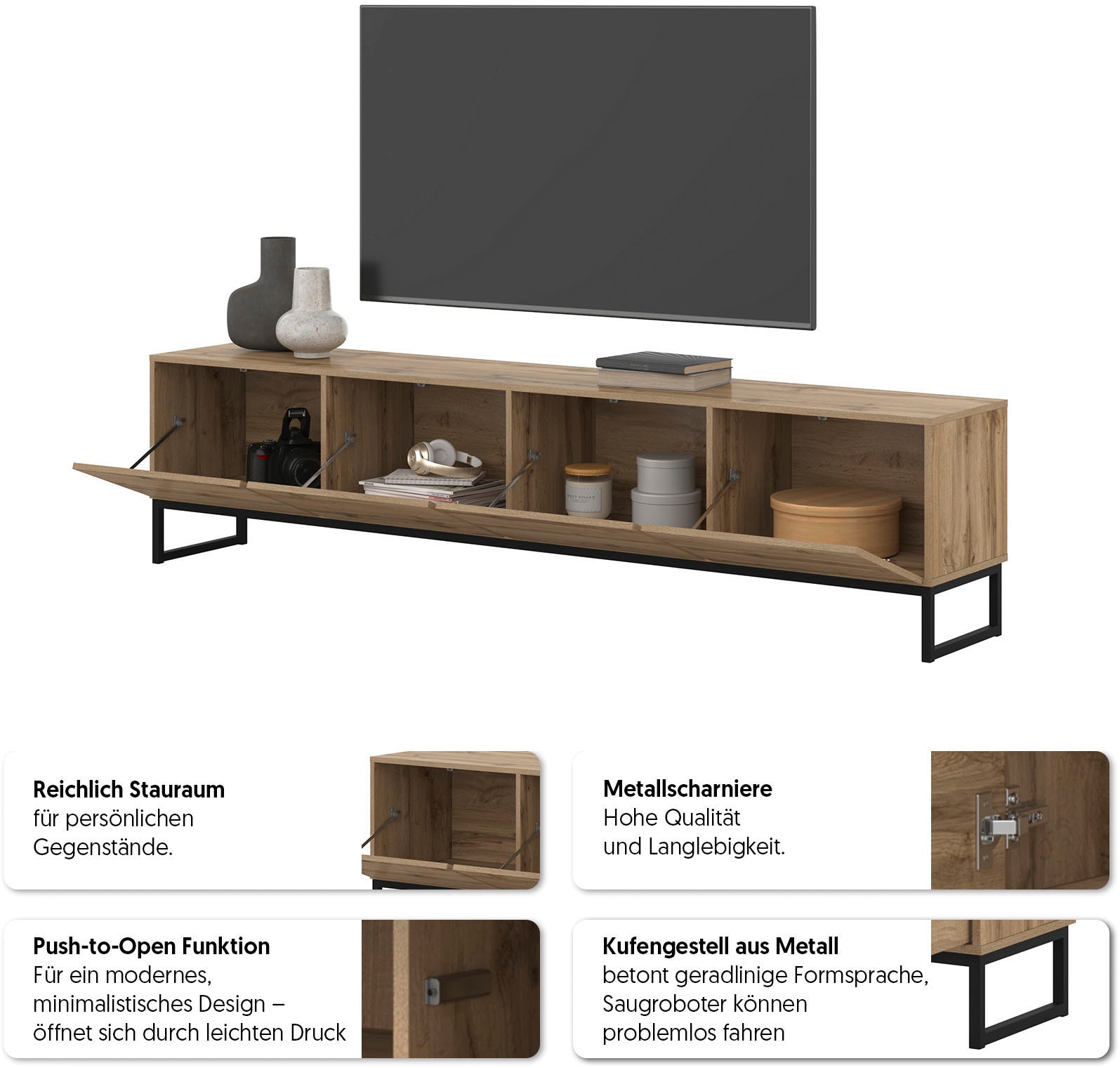 OTTO home Lowboard »Loft, Breite 208,5 cm, TV-Board mit 4 Klappen, Metallkufen« TV-Kommode mit viel Stauraum, push-to-open-Funktion