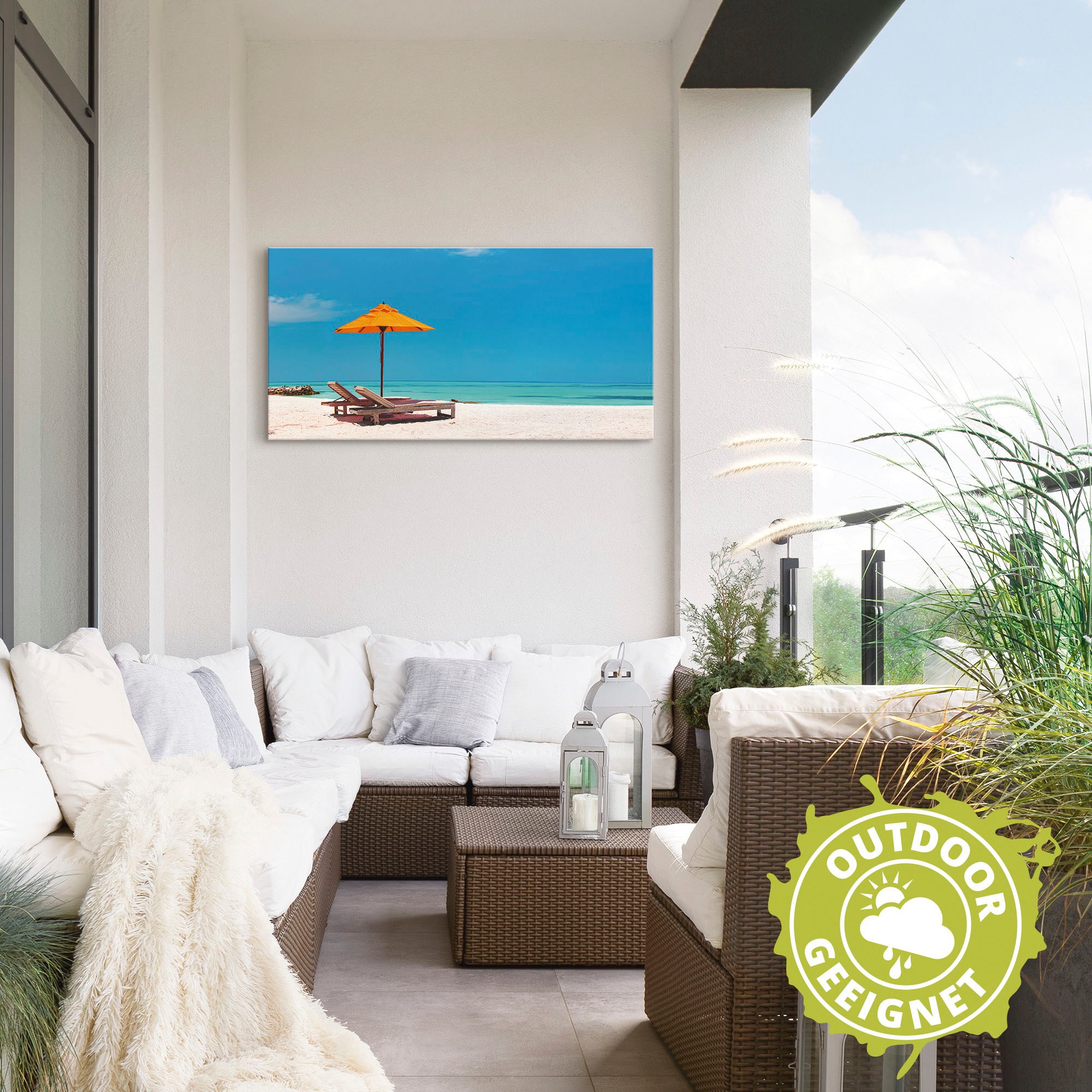 Artland Wandbild »Liegestuhl Sonnenschirm Strand Malediven«, Strand, (1 St.), als Alubild, Outdoorbild, Leinwandbild, Poster, Wandaufkleber