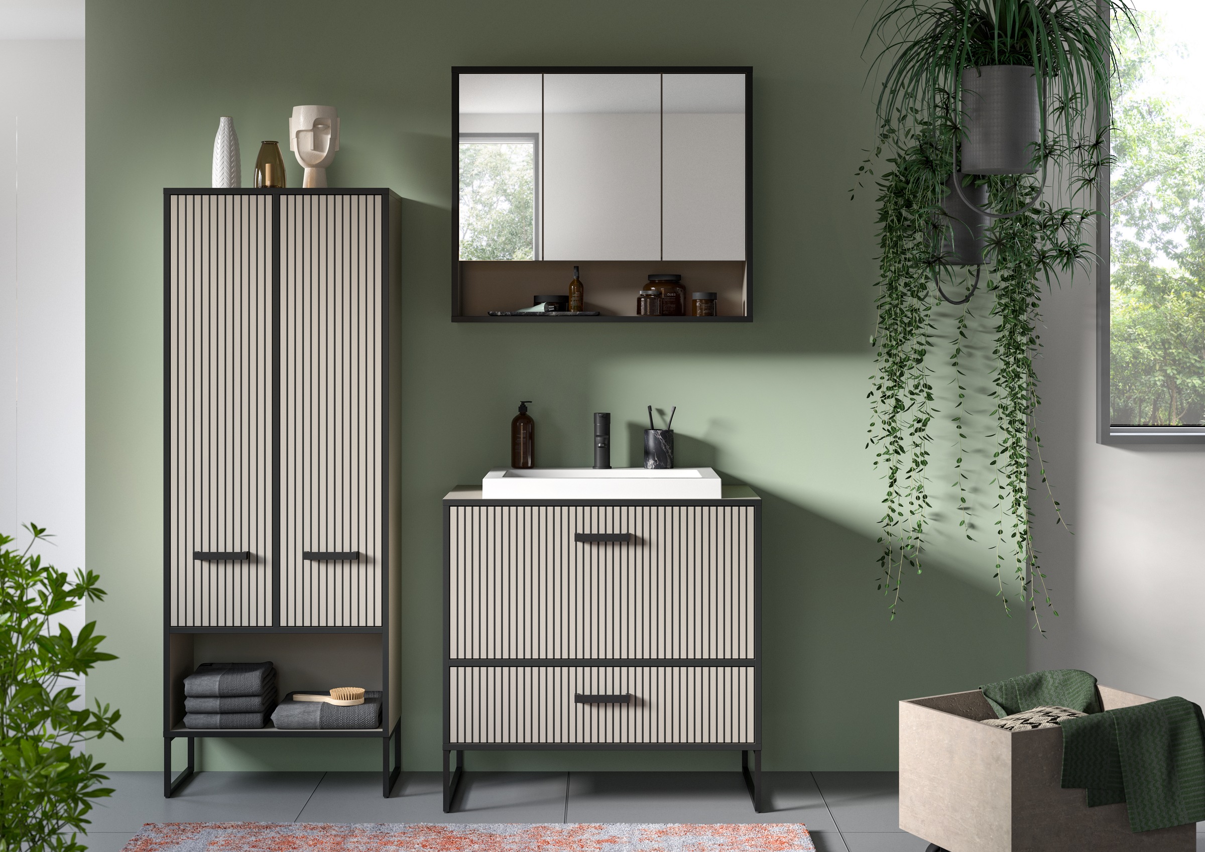 welltime Badmöbel-Set »Locri, Breite 154 cm, Rillenoptik, Metallkufen«, (3 St.), best. aus: Hochschrank, Spiegelschrank, Waschtisch