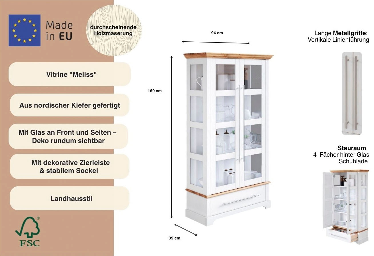 OTTO home Vitrine »Melissa« Höhe 169 cm, Breite 94 cm, 2-türig, Kiefer massiv, FSC®