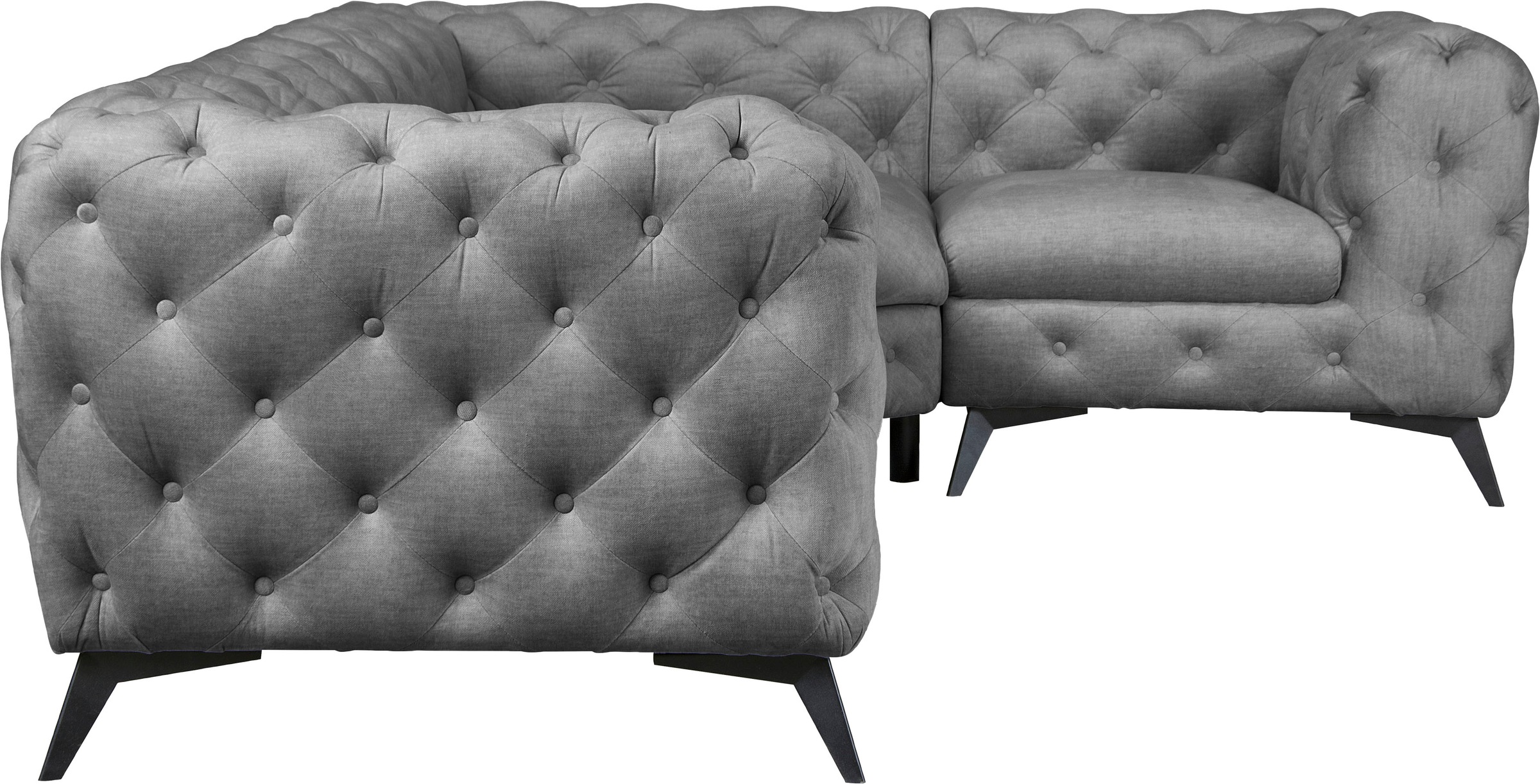 Leonique Chesterfield-Sofa »Ecksofa GLYNIS L-Form mit Wellenunterfederung, Maße B/T/H 264/204/75cm«, aufwändige Knopfheftung, moderne Chesterfield Optik, Fußfarbe wählbar