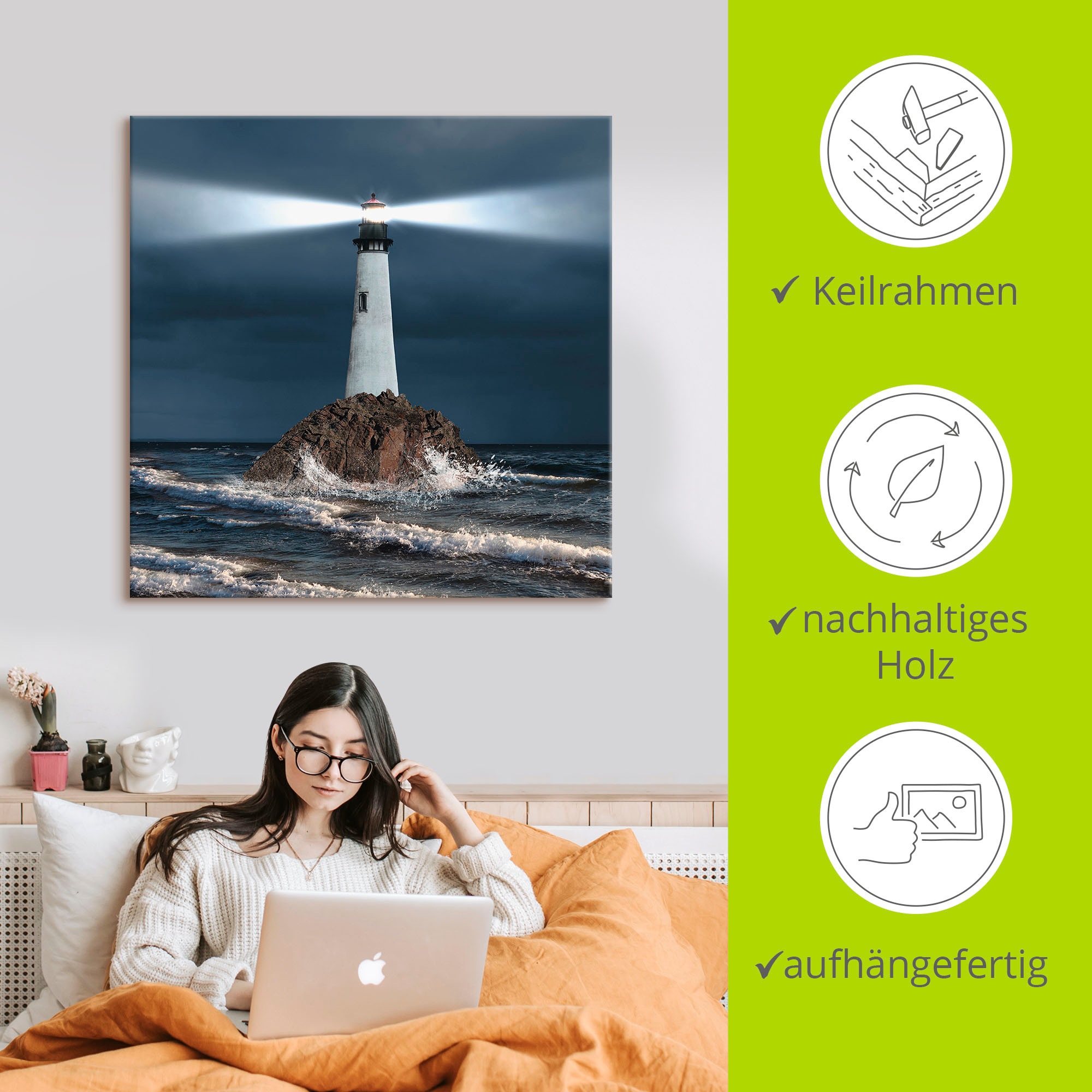 Artland Wandbild »Bild von Leuchtturm mit Lichtstrahl«, Gebäude, (1 St.), als Alubild, Outdoorbild, Leinwandbild, Poster, Wandaufkleber