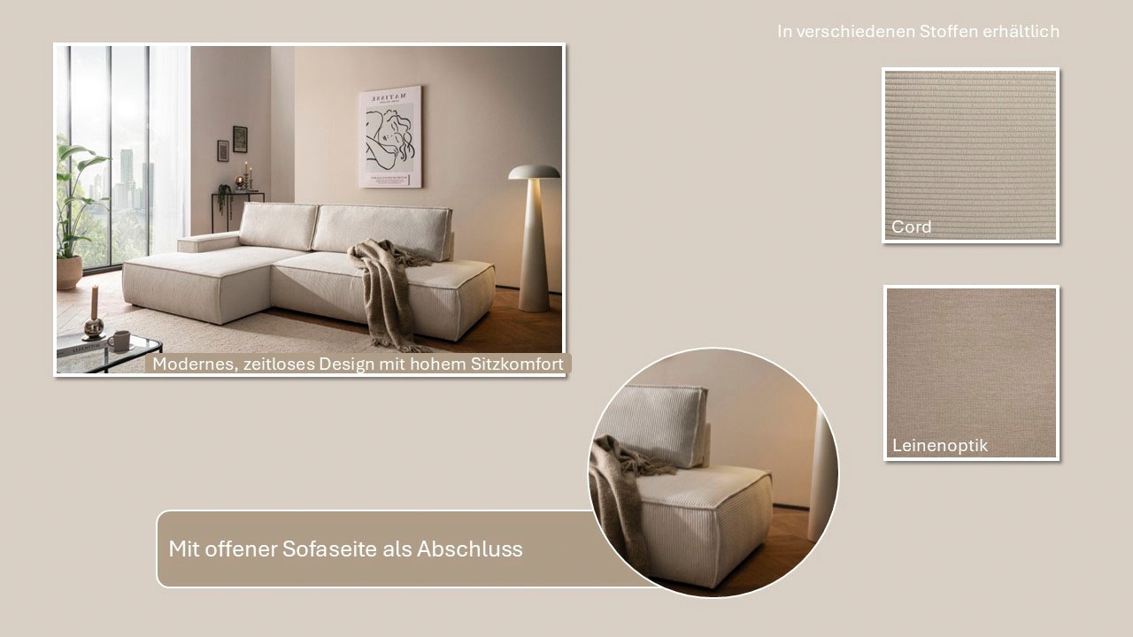 Home affaire Ecksofa »SHERWOOD, Schlafsofa in L-Form offen (275cm), Cord, Leinenoptik«, Schlaffunktion und Bettkasten, Kedernaht, hoher Sitz- & Liegekomfort