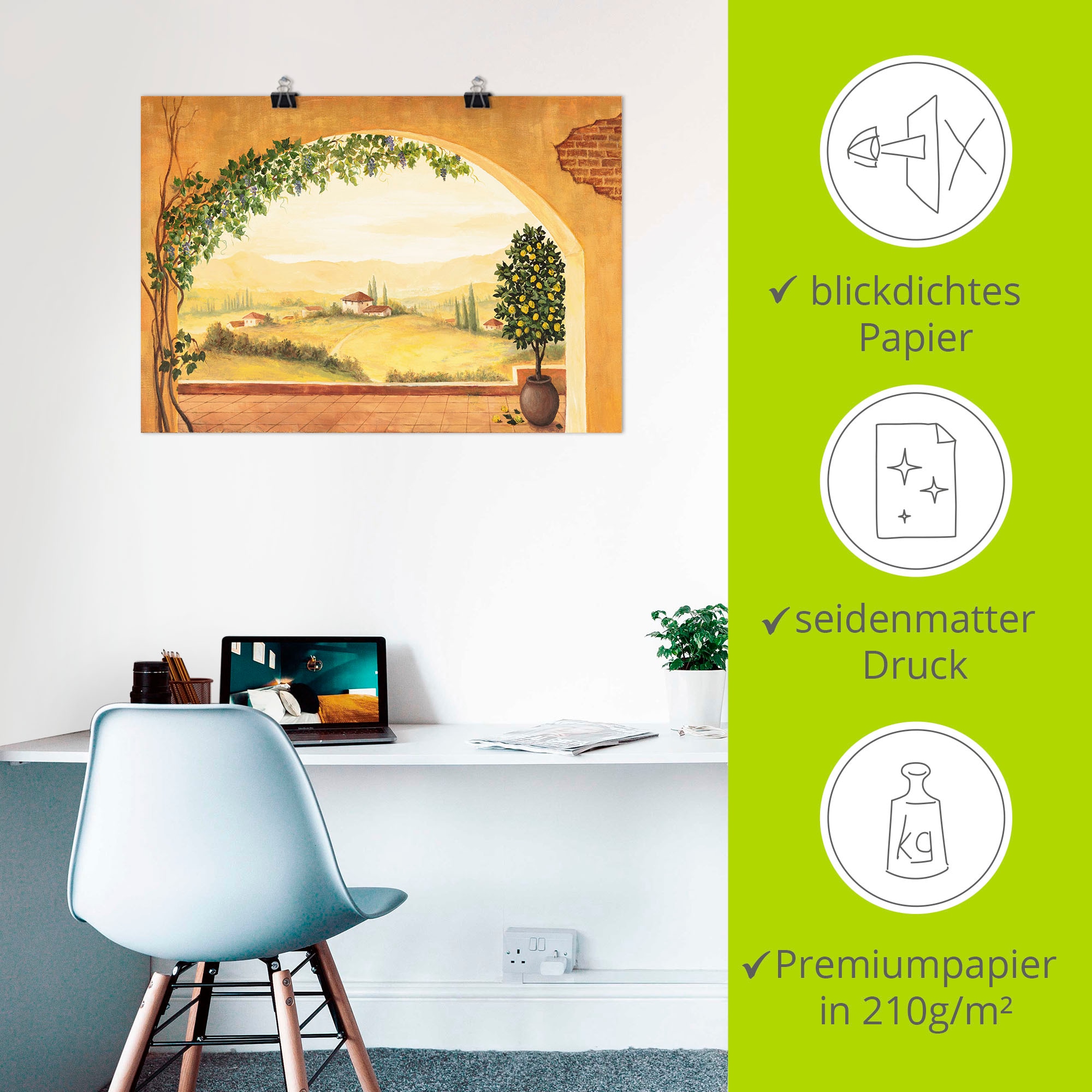 Artland Wandbild »Weinranken vor der Toskanalandschaft«, Fensterblick, (1 St.), als Leinwandbild, Poster in verschied. Größen