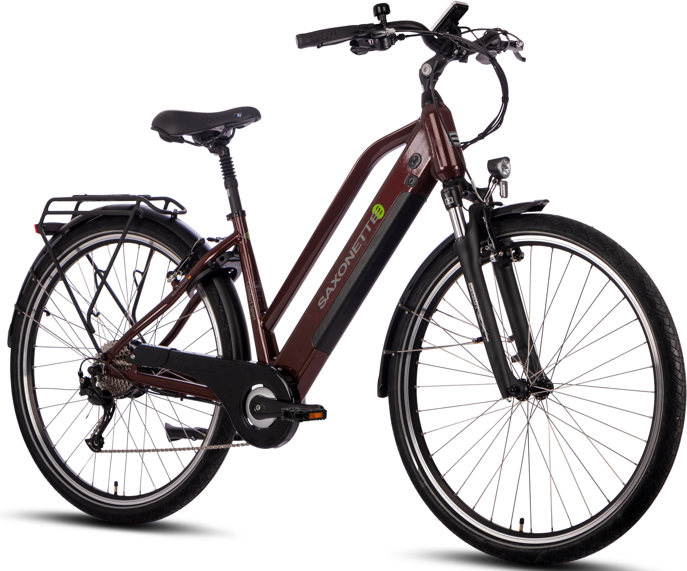 SAXONETTE E-Bike »Comfort Sport«, 9 Gang, Shimano, Alivio, Heckmotor 250 W, Diamant E-Bike, integriertes Rahmenschloss, Pedelec