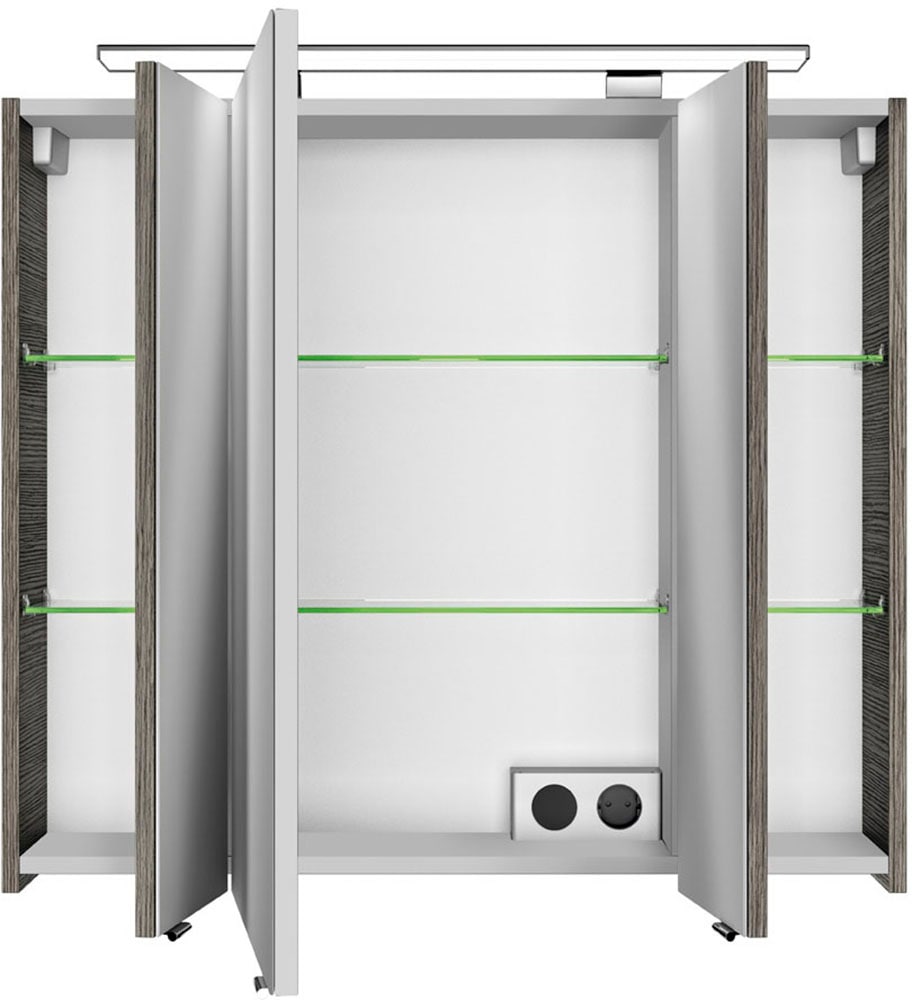 Saphir Badezimmerspiegelschrank »Serie 4010 Badezimmer-Spiegelschrank inkl. LED-Aufsatzleuchte«, Badschrank 80 cm breit, 3 Türen, 6 Glas-Einlegeböden, inkl Türdämpfer