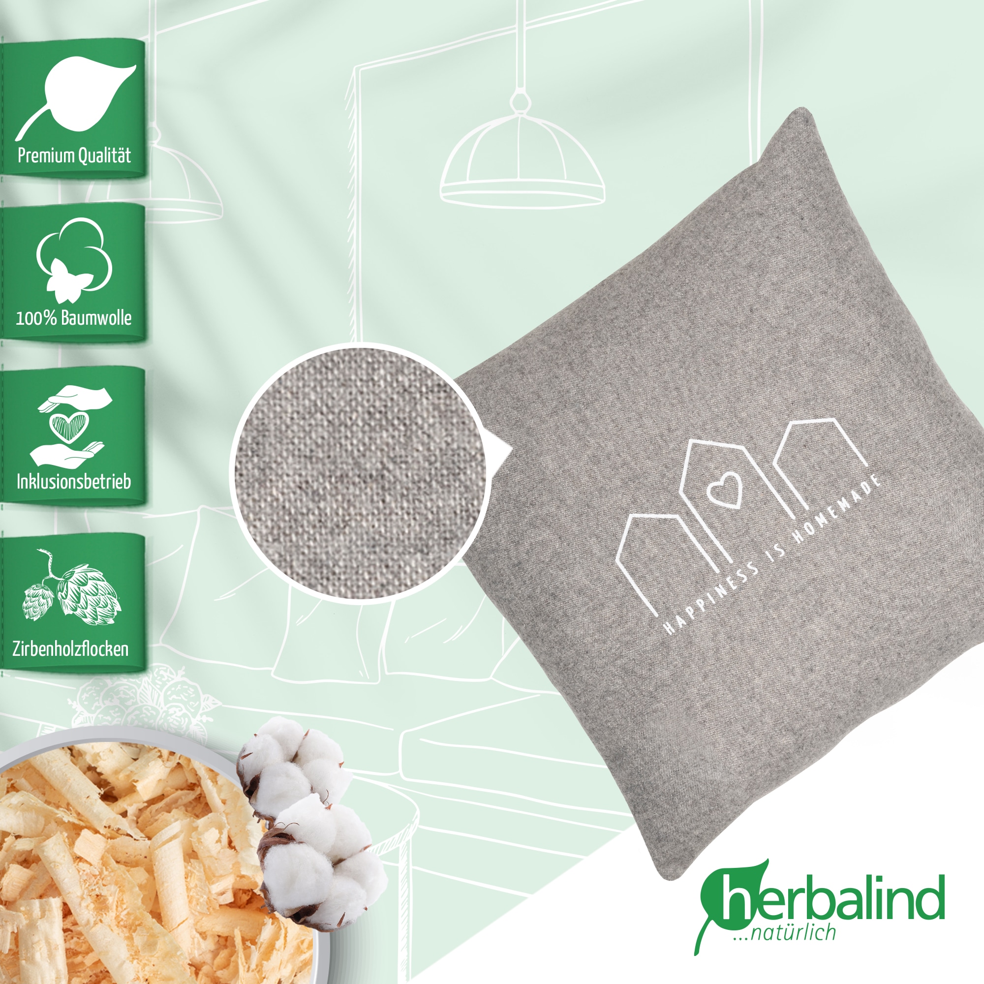 herbalind Zirbenkissen »Happiness is Homemade - Flanell in grau 30x30 mit Reißverschluss«, 100% Baumwolle mit Zirbe Füllung - Handmade in Germany