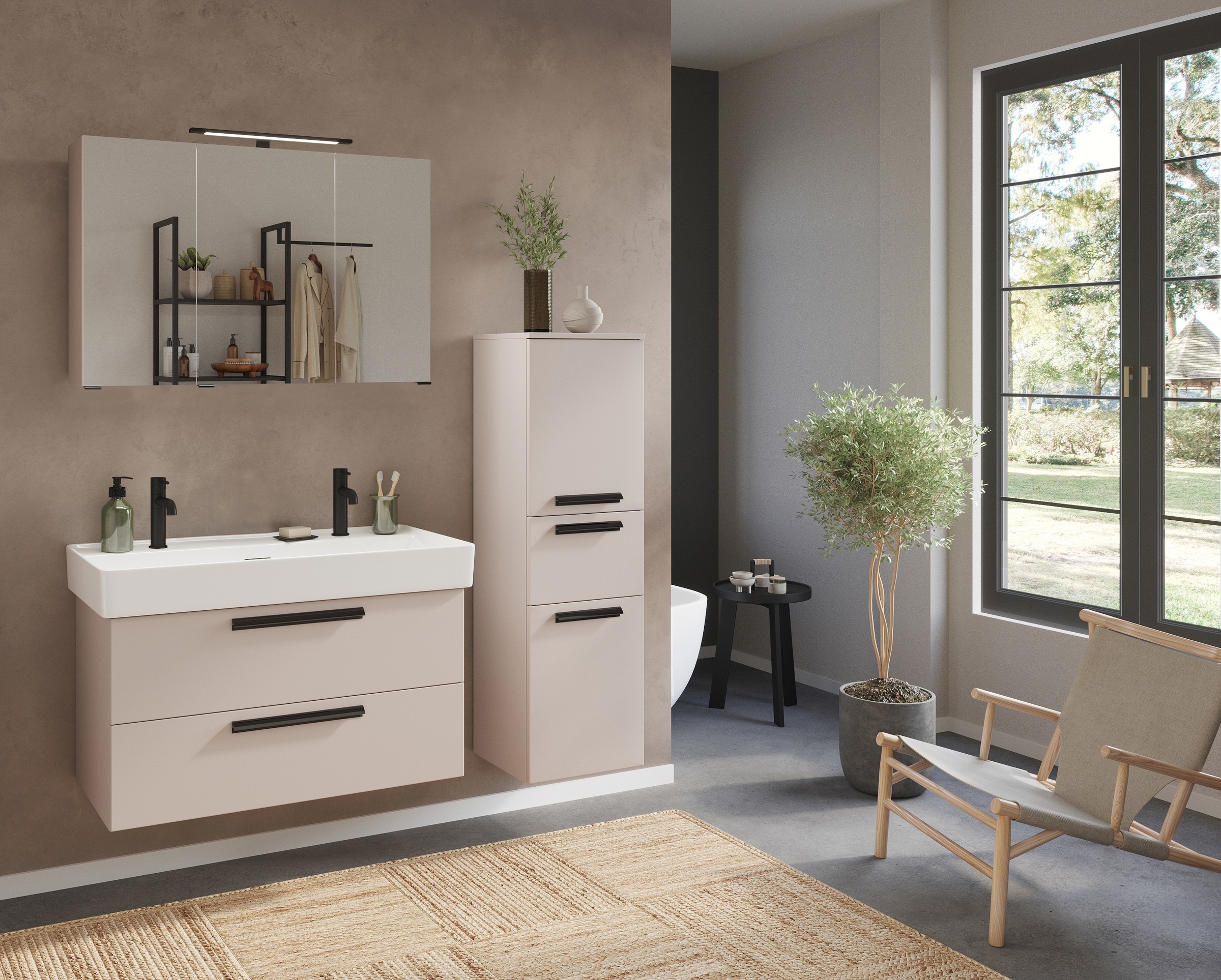 welltime Badmöbel-Set »SALVADA, 3tlg-Set, gedämpfte Scharniere, Softclose, Keramikbecken« Maße (B/T/H): 140/47,5/200 cm, 