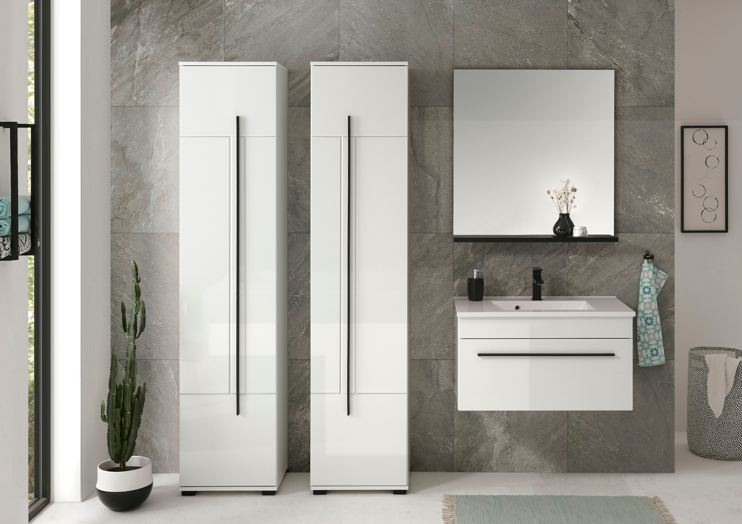 INOSIGN Hochschrank »Cantara, Badschrank in Hochglanz Weiß, Hochschrank im modernen Design«, mit schwarzen Griffen, ausreichend Stauraum