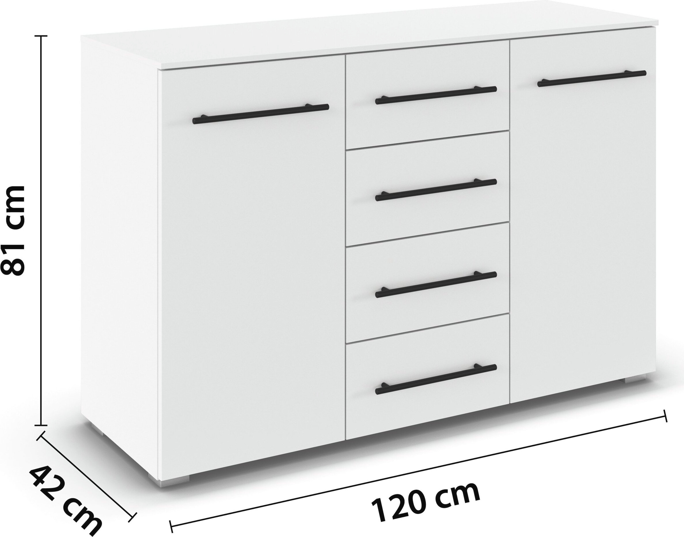 OTTO home Kombikommode »Sideboard Türkommode Schubladenkommode Kommode RONDO« Breite 120 / Höhe 81 cm, 4 Einlegeböden,  mit 4 geräumigen Schubladen Metallgriff in Schwarz MADE IN GERMANY