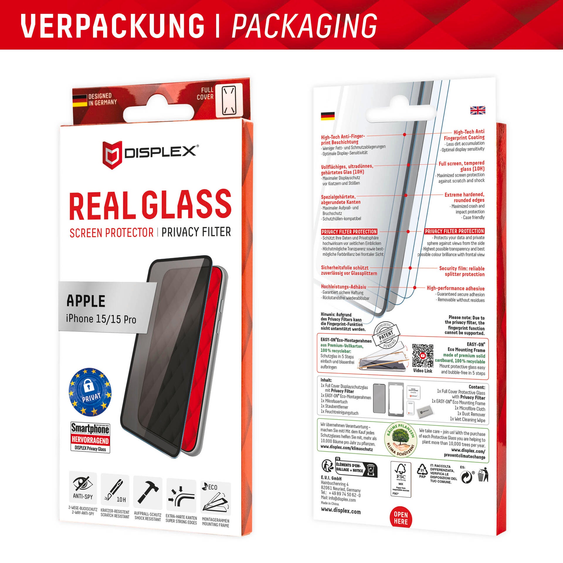 Displex Displayschutzglas »Privacy Glass«, für Apple iPhone 15-Apple iPhone 15 Pro, Blickschutz Displayschutzfolie Displayschutz kratzer-resistent 10H