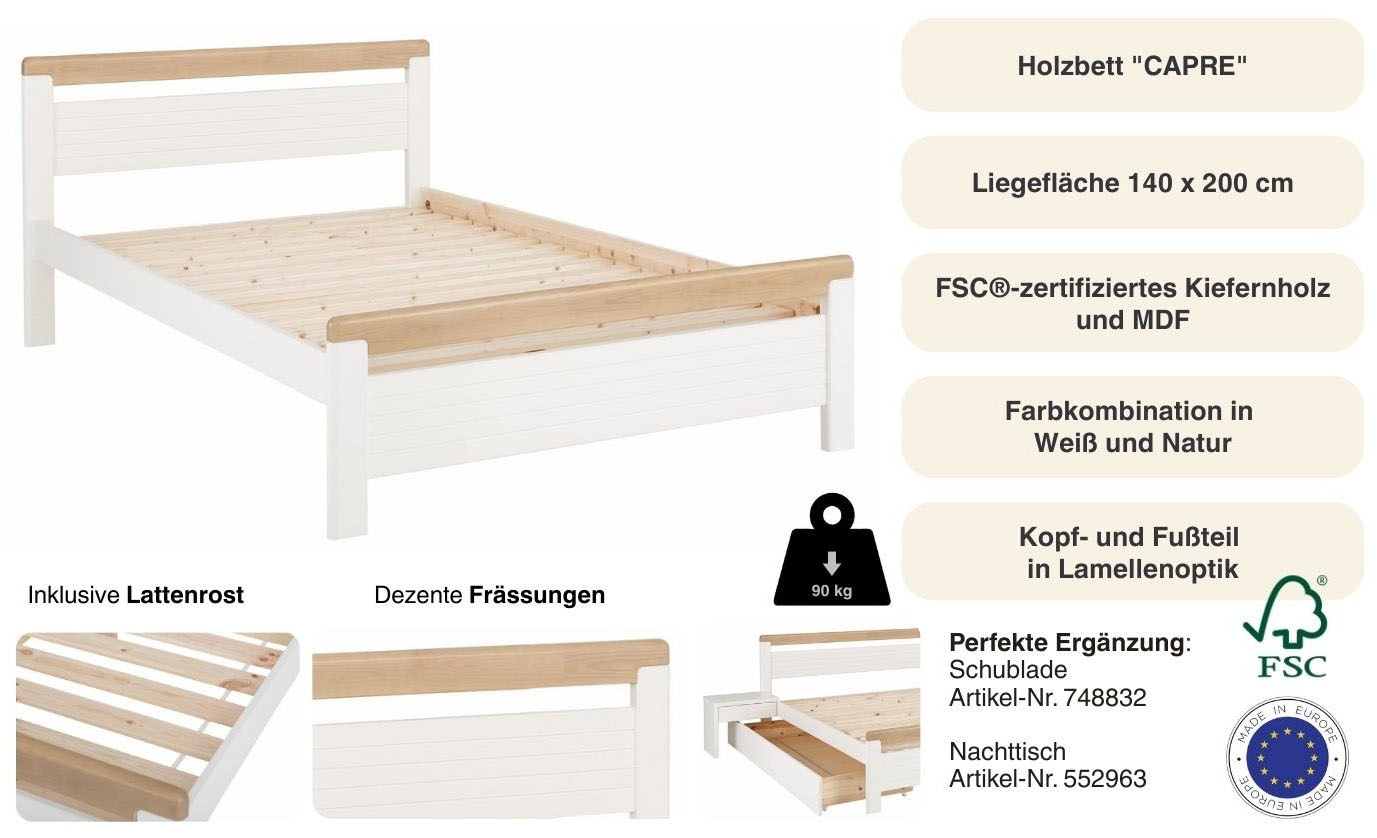 OTTO home Massivholzbett »"CAPRE" im skandinavischem Landhausstil« mit Rollrost, aus zertifiziertem Massivholz, Lamellenoptik
