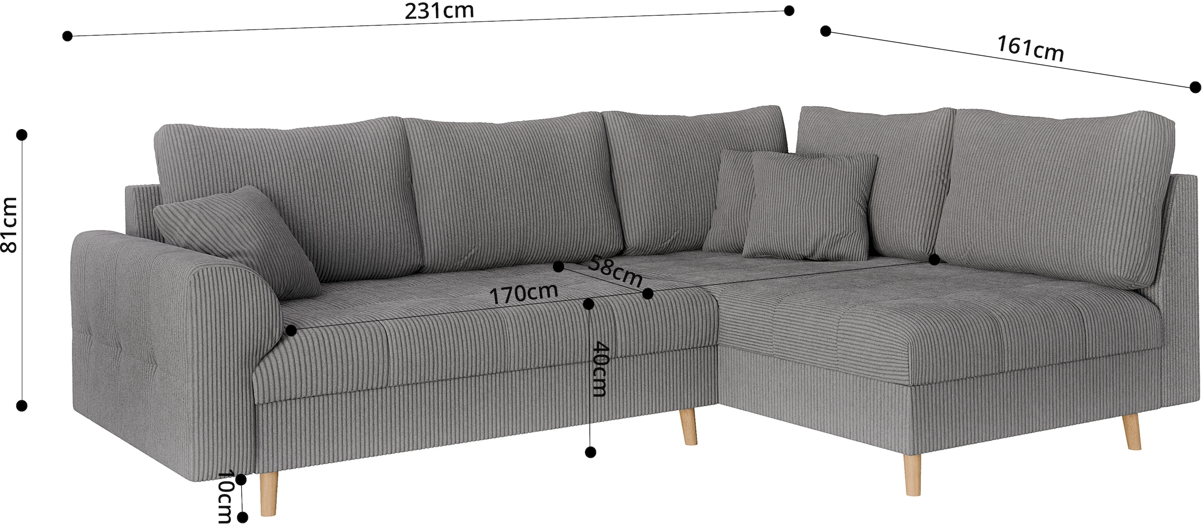 Home affaire Ecksofa »CHARRE L-Form mit Ottomane, Maße B/T/H: 231/161/81 cm«, feine Steppung, lose Rücken- und Zierkissen, auch in Cord und Bouclé