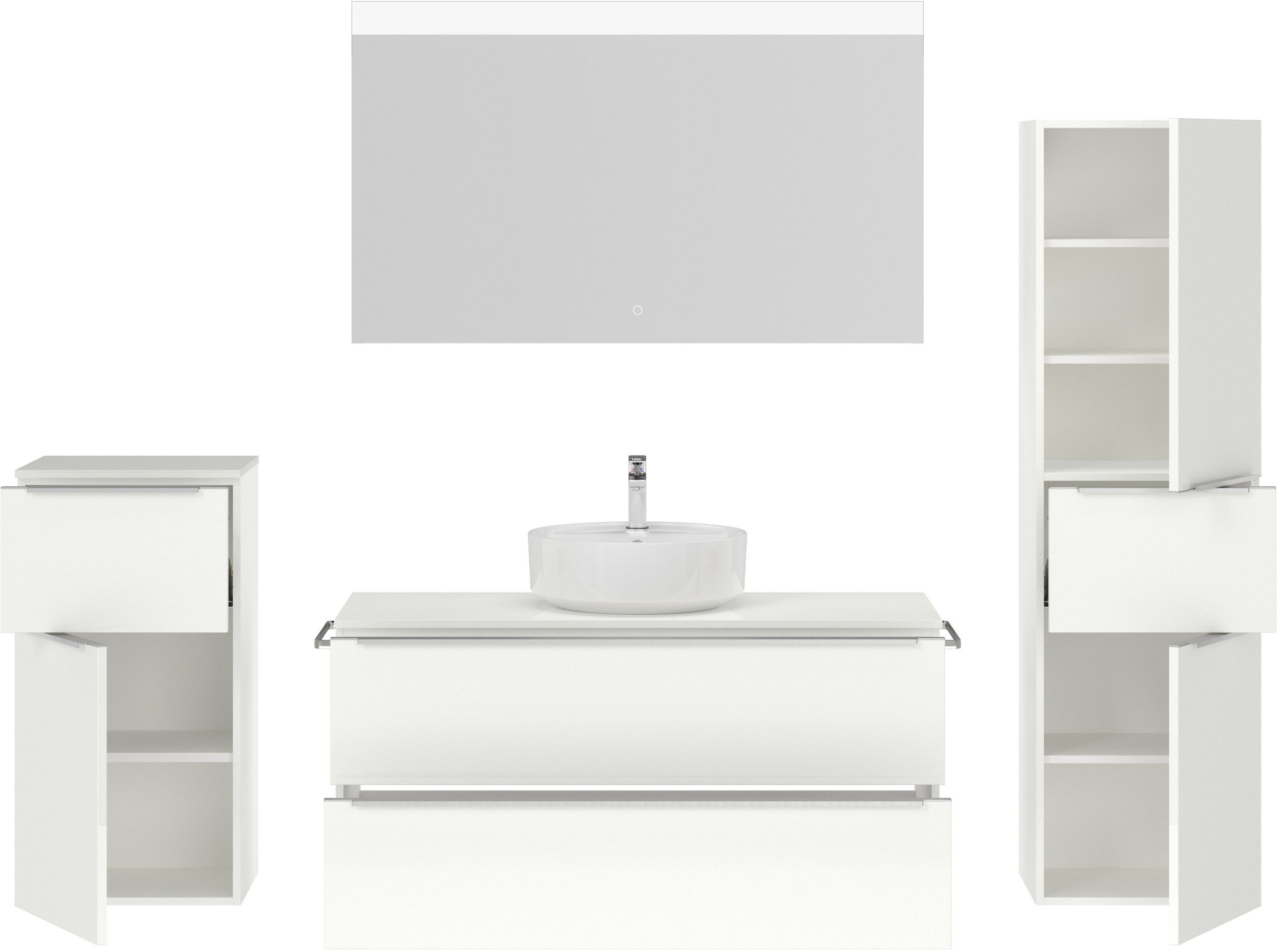 nobilia® Badmöbel-Set »Alvene«, (4 St., vormontiert, mit Soft-Close), Hochglanz, inkl. Spiegel mit Touch-Sensor, in vier Breiten
