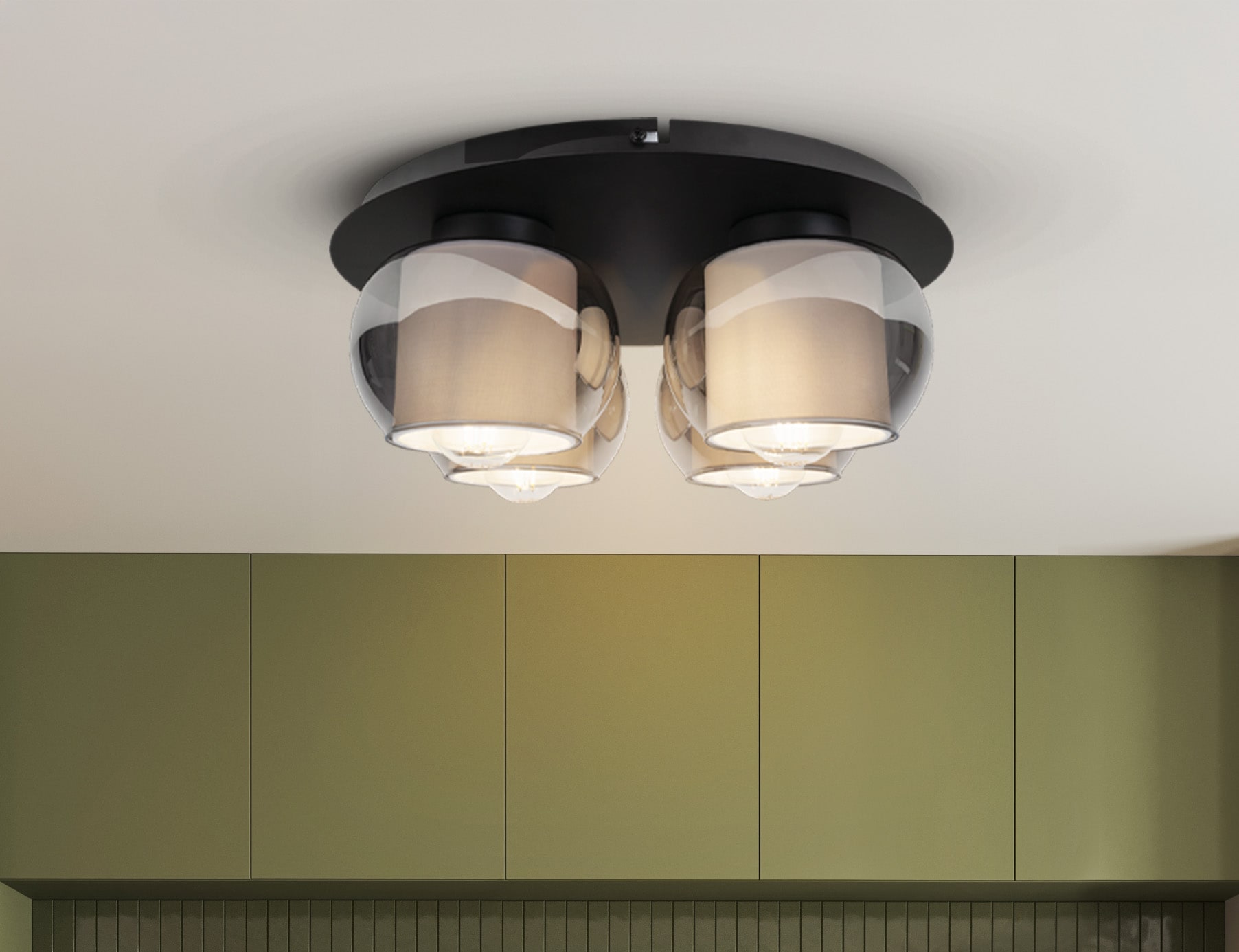 OTTO home Deckenleuchte »Tanissa« E27 1 Stk. rund, 4 kugelförmige Rauchglas-Schirme innen mit Stoff, 4x E27 exkl.