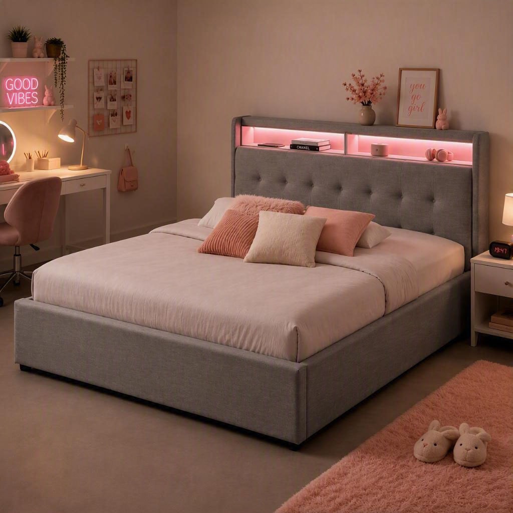 OTTO home Polsterbett »Hamar, beleuchtetes Regal, USB/ USB-C, bis 250 KG belastbar« LED-Licht und USB und USB-C Ladegerät im Kopfteil, Knopfsteppung