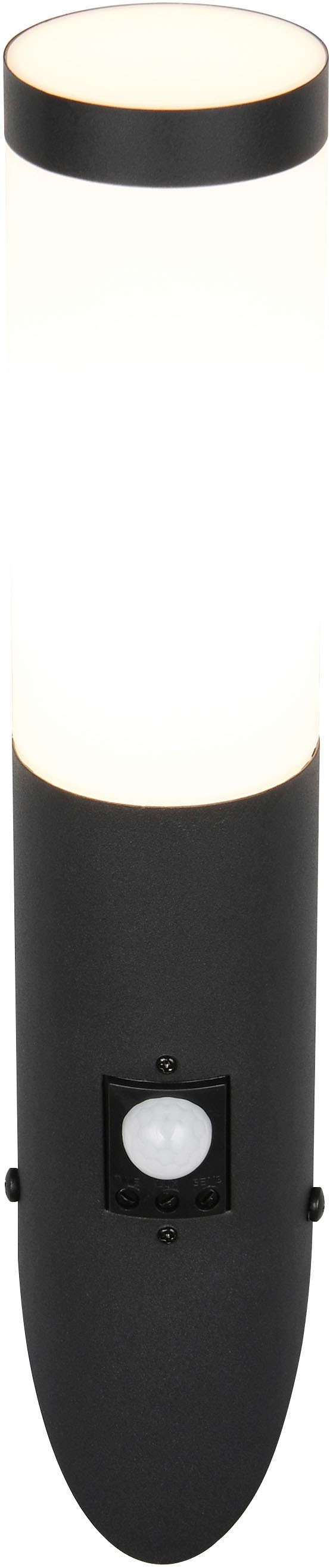 TRIO Leuchten Außen-Wandleuchte »TRIOTO, Outdoor Wandlampe Edelstahl, Wandfackel exkl 1x E27 max 25W«, 1 flammig, Leuchtmittel E27 | Leuchtmittel wechselbar, röhrenförmige Hauswand Beleuchtung, Bewegungsmelder, IP44 39cm hoch