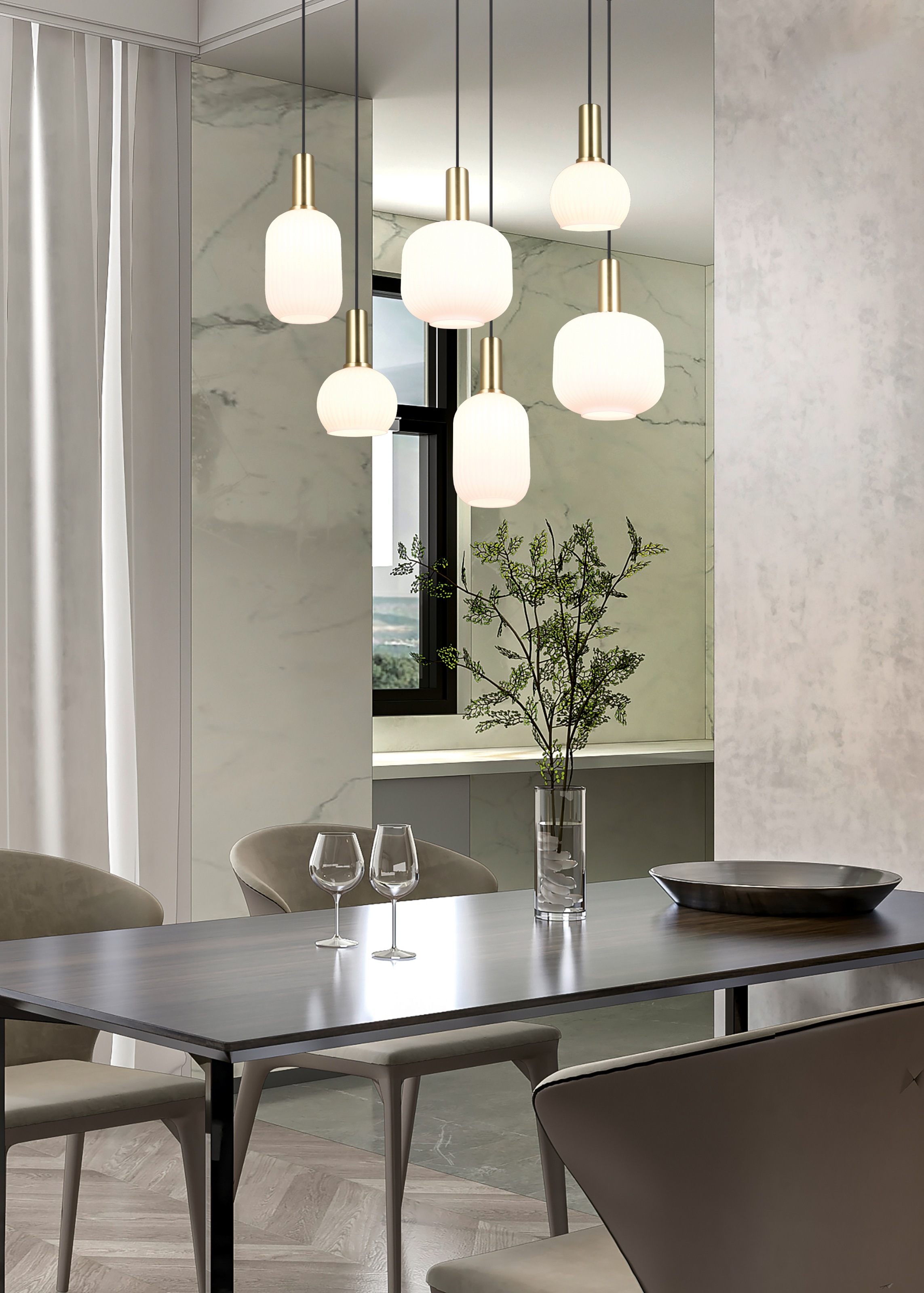 TRIO Leuchten Pendelleuchte »DIVA, E27 Hängelampe 6-flammig mit Glasschirm, exkl 6xE27 max 10W«, 6 flammig, Leuchtmittel E27 | Leuchtmittel wechselbar, höhenverstellbar bis max 150cm Hängeleuchte 92x 35 cm Wohnzimmer Küche