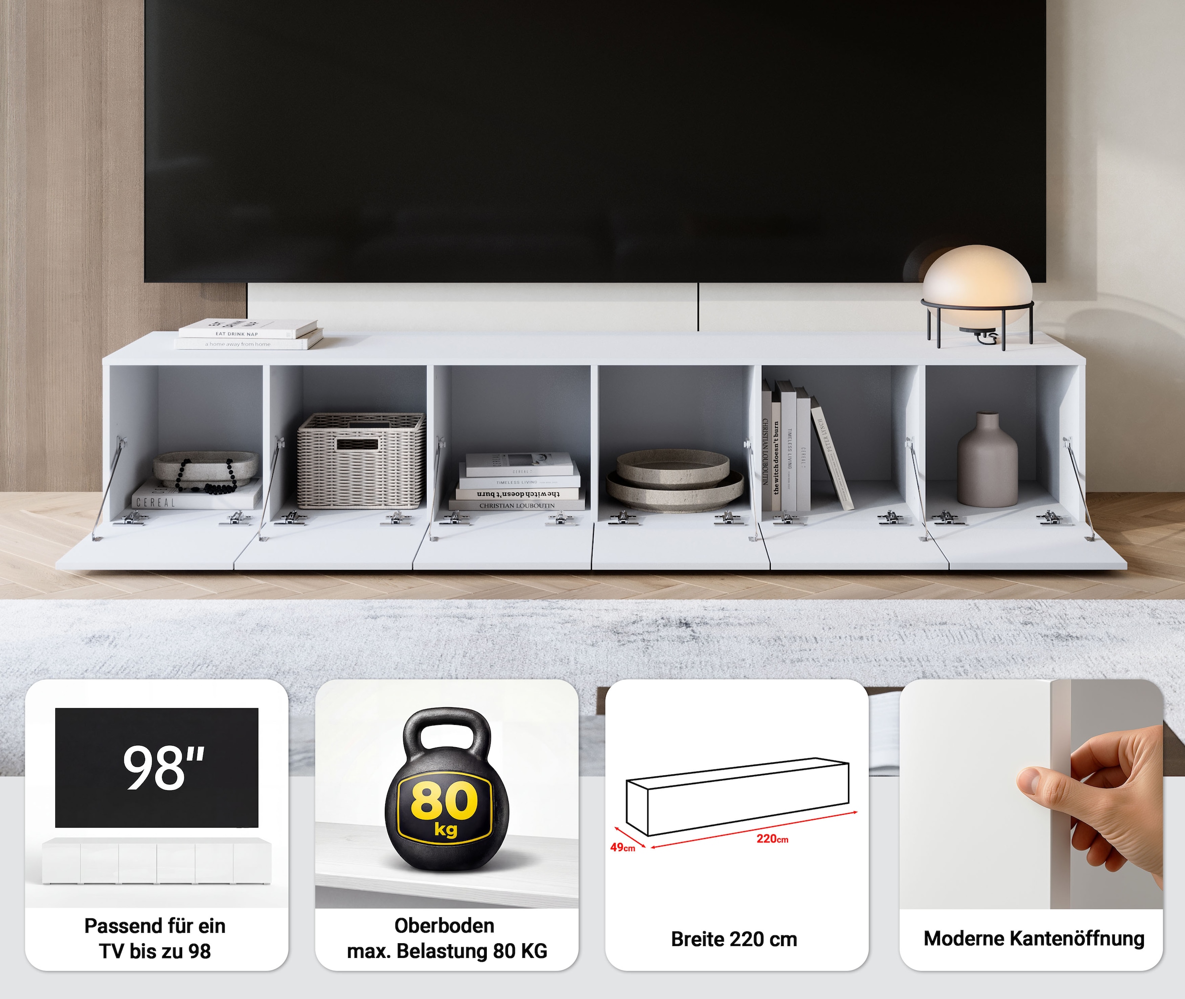 OTTO home Lowboard »Denver Erlebe die Weltmeisterschaft im XXL-Format« 1 Stk. tlg. Elegantes TV-Möbel 220 cm, speziell für bis zu 98-Zoll Fernseher
