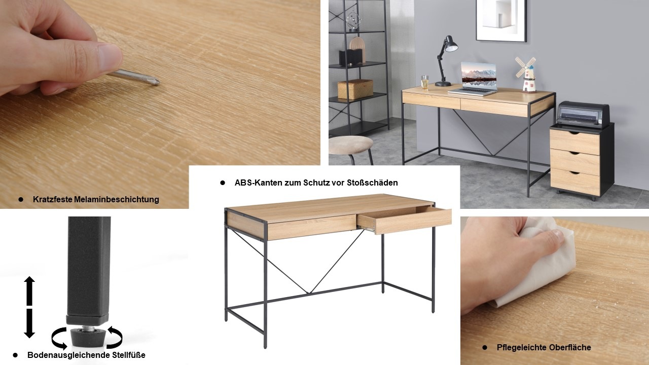 INOSIGN Schreibtisch »Endre«, stabiles Metallgestell, 2 Schubladen, grifflos, Breite 123 cm