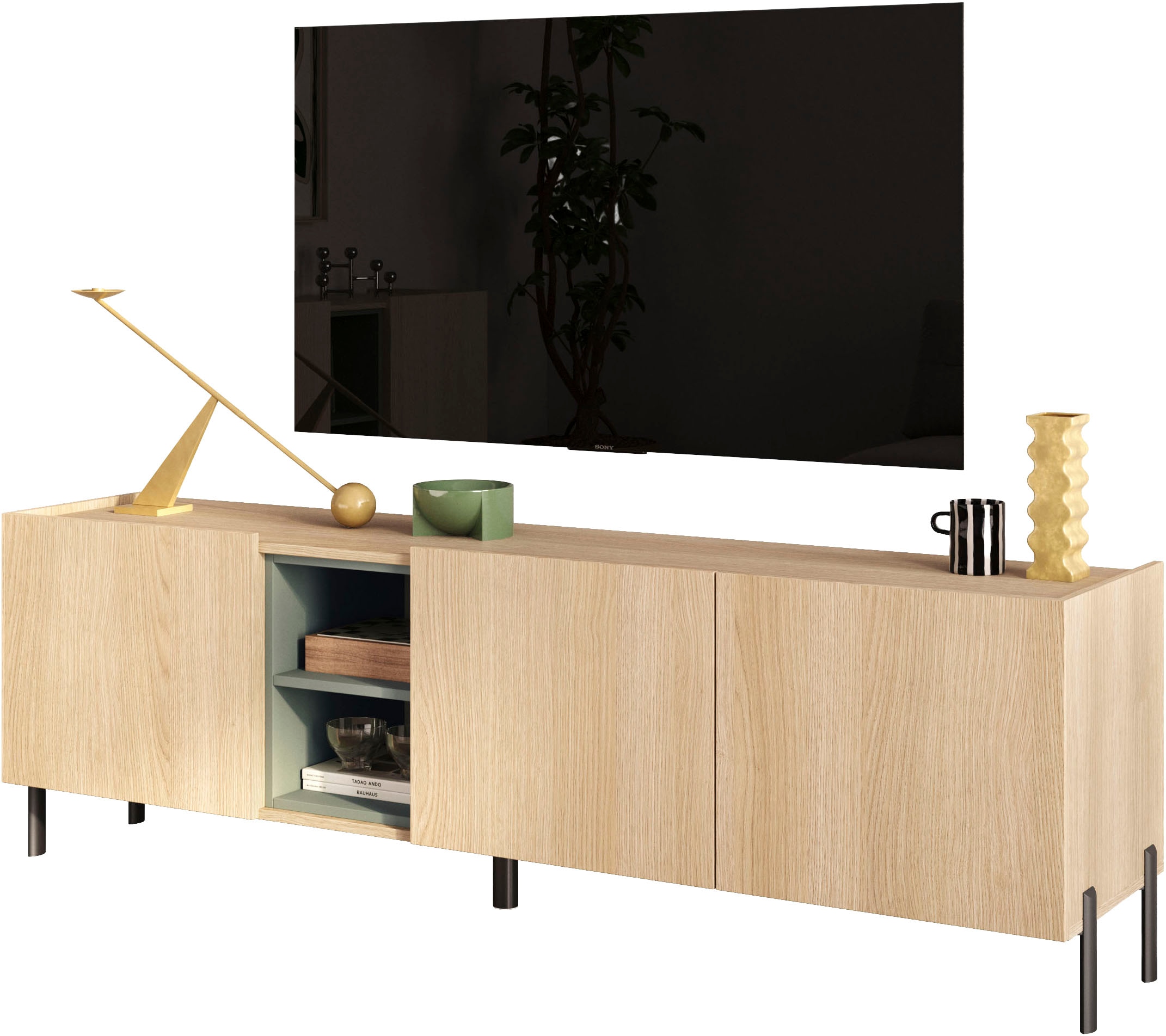 OTTO home Lowboard »Badia, 182 cm breit, 3 Türen, Mediaboard, TV-Schrank« Innenliegendes Top, gerade Metallfüße, salbeigrüne Farbakzente