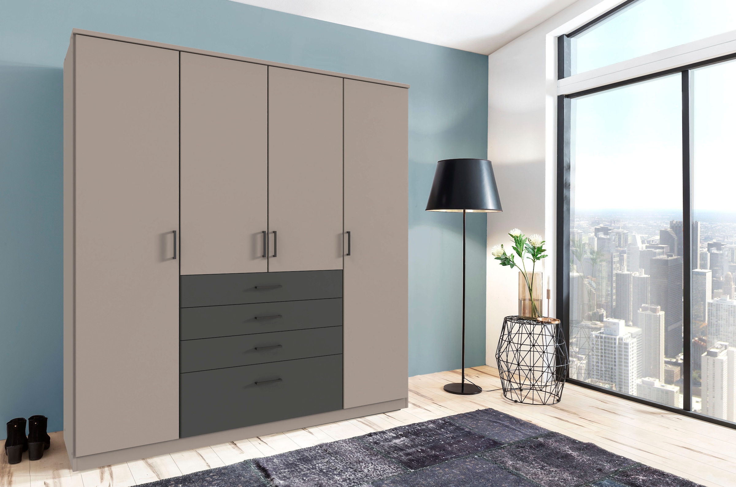 Wimex Kleiderschrank »Cottbus, in weiß oder grau modern kombiniert mit graphitfb.Schubladen«, (in 3 Größen, schwarze Griffe, Made in Germany), mit 4 Schubladen, wahlweise mit oder ohne Spiegel