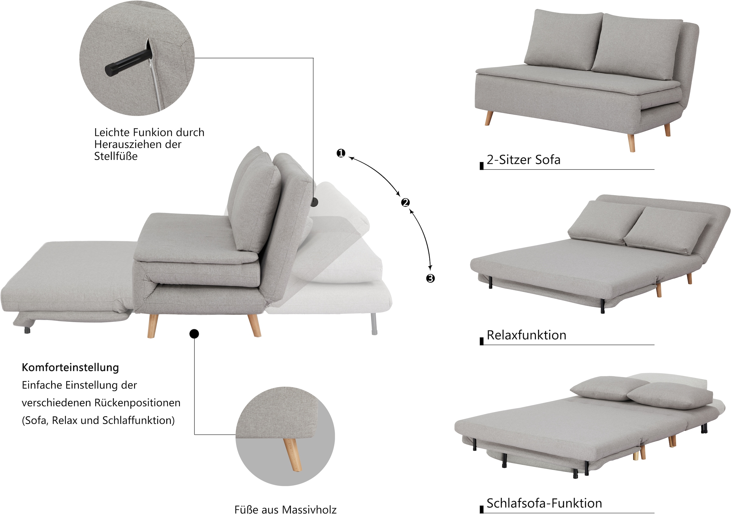 INOSIGN 2-Sitzer »AINSLEY 140 cm Breite«, Verstellbare Rückenlehne und Sofa mit Bettfunktion