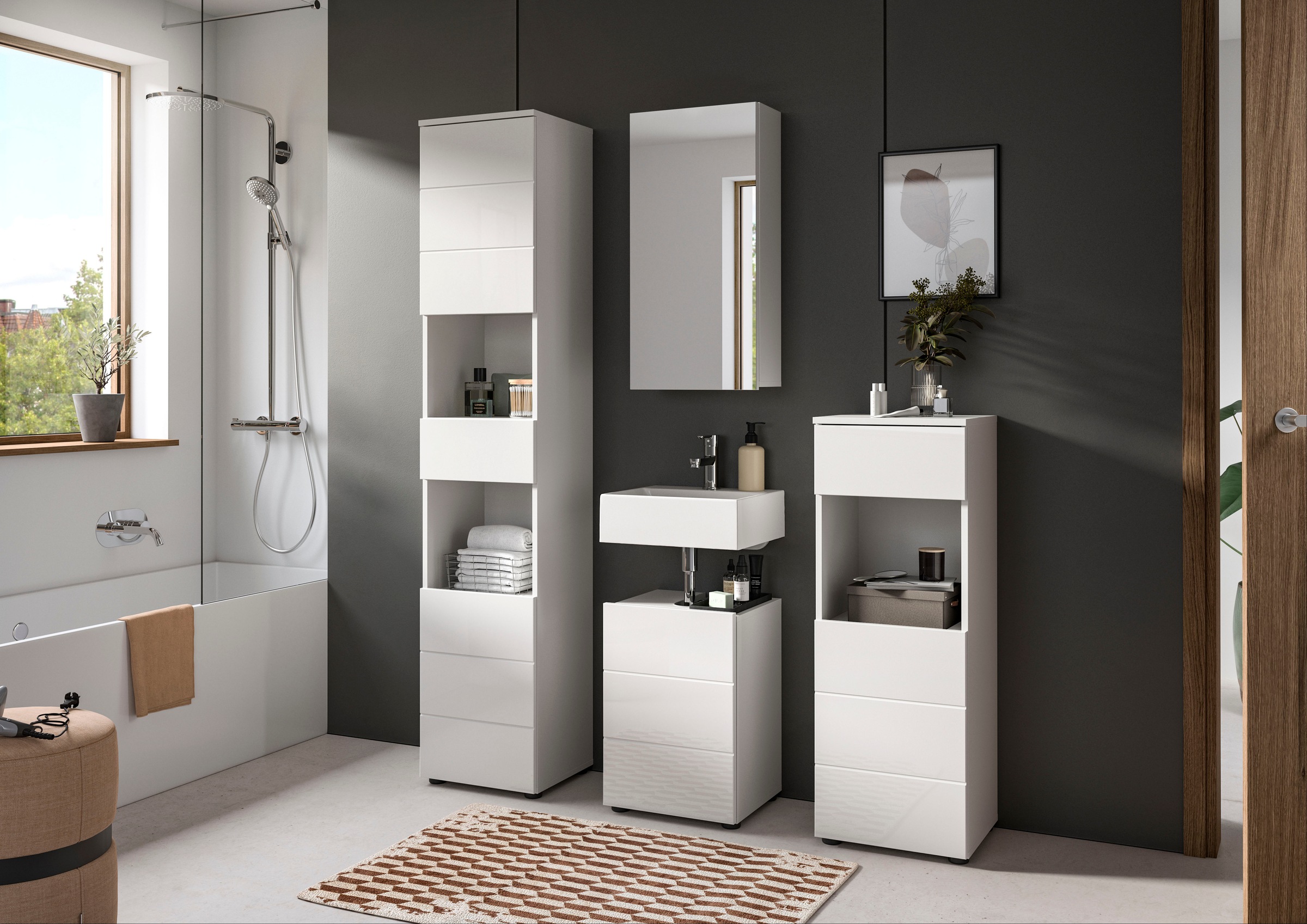 welltime Badmöbel-Set »Biel, Höhe 190 cm, Hochschrank, Unterschrank, Spiegel, Standschrank«, (4 St.), Bad Set, modernes Design, Hochschrank, Unterschrank, Spiegel
