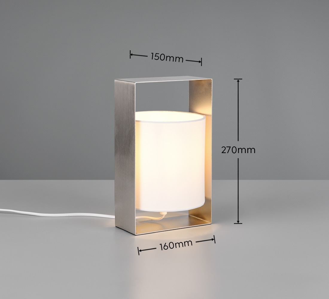 REALITY Leuchten Tischleuchte »PAIL, Tischlampe mit Schnurschalter, exkl 1x E27 max 10W, Stoffschirm«, 1 flammig, Leuchtmittel E27 | Leuchtmittel wechselbar, Design Tischleuchte Metallrahmen mit Stoffschirm, 16x27x15 cm (B/H/T)