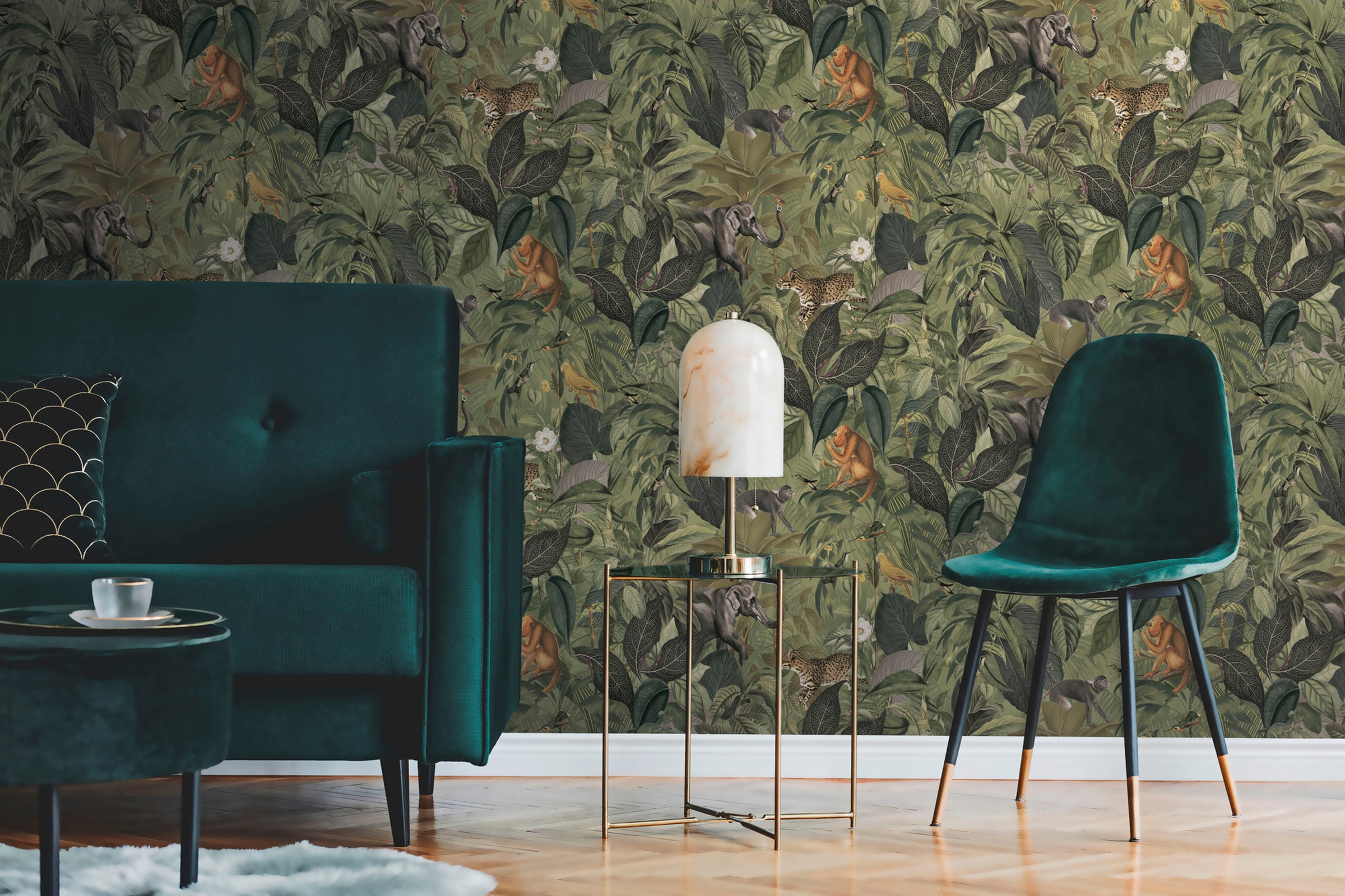 A.S. Création Vliestapete »PintWalls Dschungel mit Tieren«, matt-gemustert-neutral, Blätter Elefant Tieger Affen Tapeten Wohnzimmer Schlafzimmer Küche