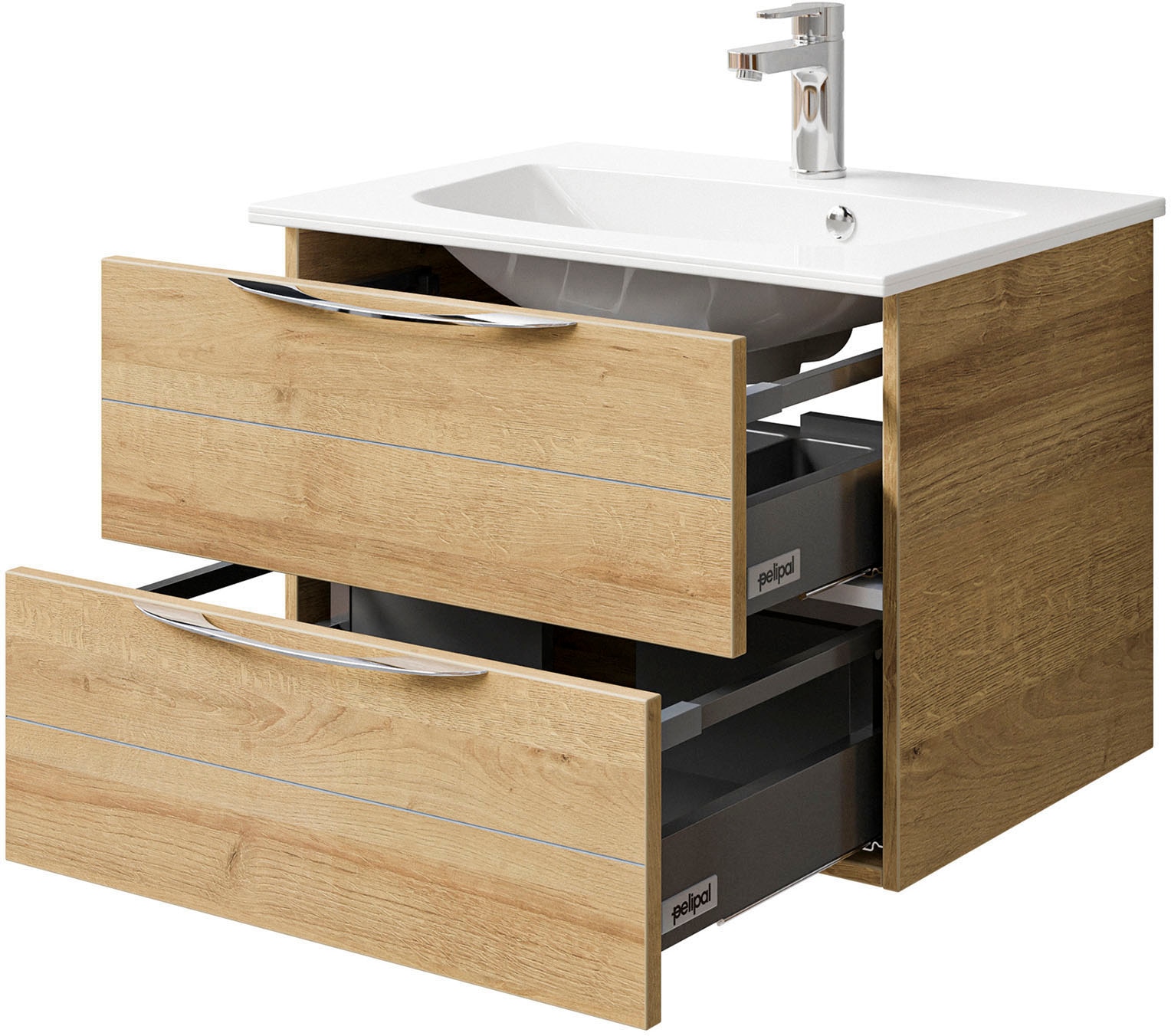 Saphir Badmöbel-Set »Serie 6025 2-teilig Mineralmarmor-Waschtisch mit LED-Spiegelschrank«, (2 St.), Waschplatz 67 cm breit, 2 Schubladen, 2 Spiegel-Türen, inkl Türdämpfer