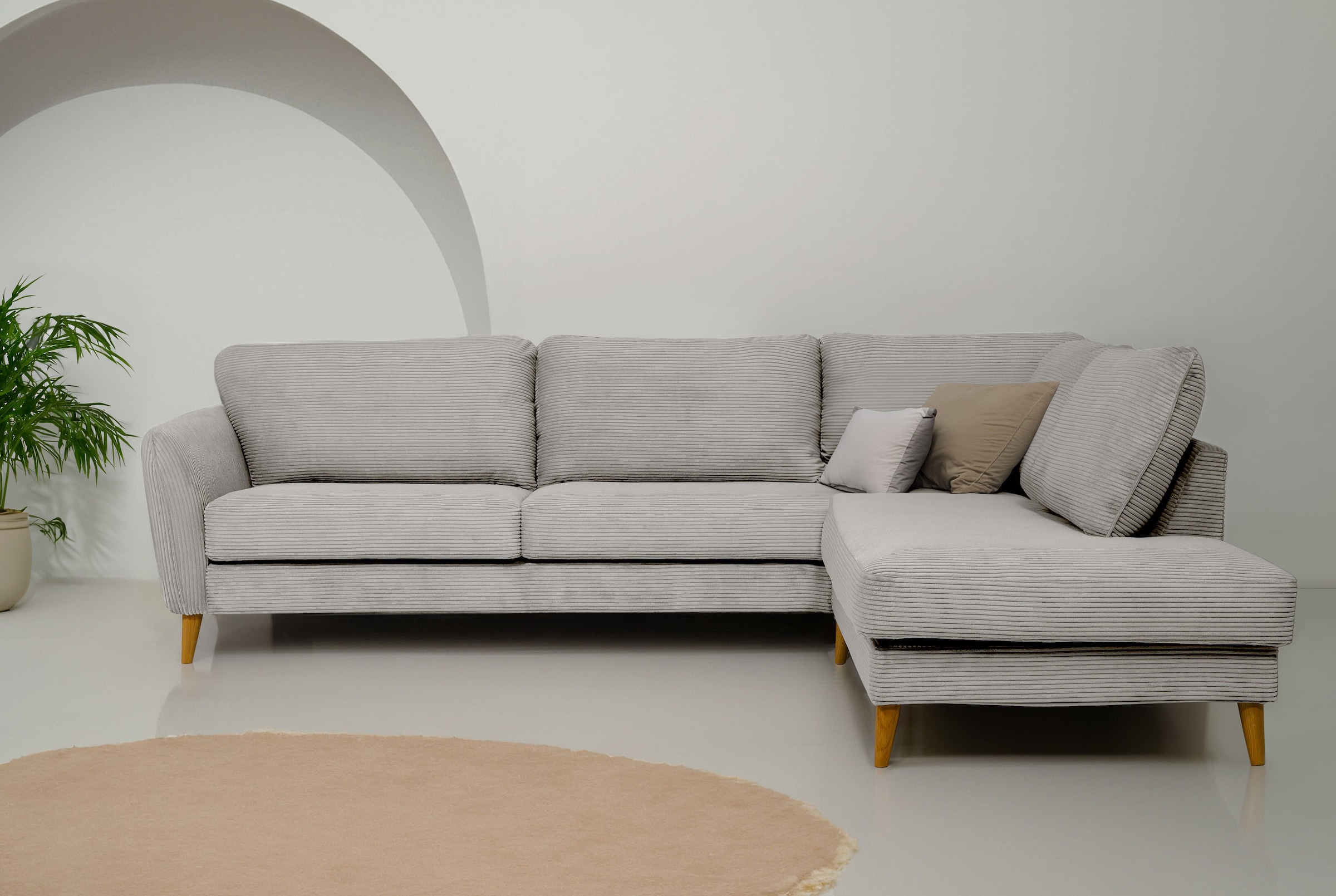 Home affaire Ecksofa »MARSEILLE 278/202 cm, L-Form, Ottom. rechts/links, verschiedene Bezüge« Massivholzbeine Eiche, Landhausstil, Wellenunterfederung