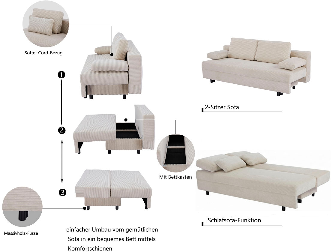 OTTO home Schlafsofa »ONNIKO, Breite: 192 cm, Liegefläche 121x192 cm, Feinstruktur-Bezug« mit Bettfunktion & Bettkasten