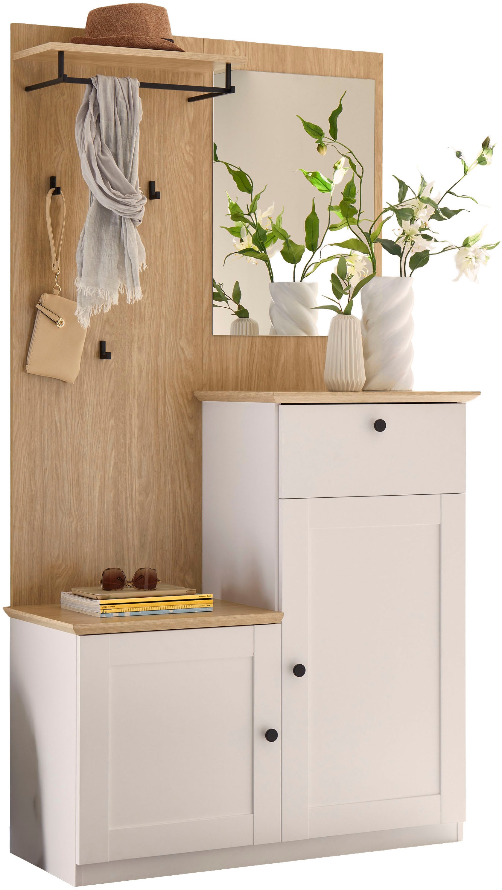 OTTO home Kompaktgarderobe »Brest, Garderobe im Landhausstil, Flurgarderobe, Dielenschrank« schwarze Metallgriffe, viel Stauraum, für kleine Räume geeignet