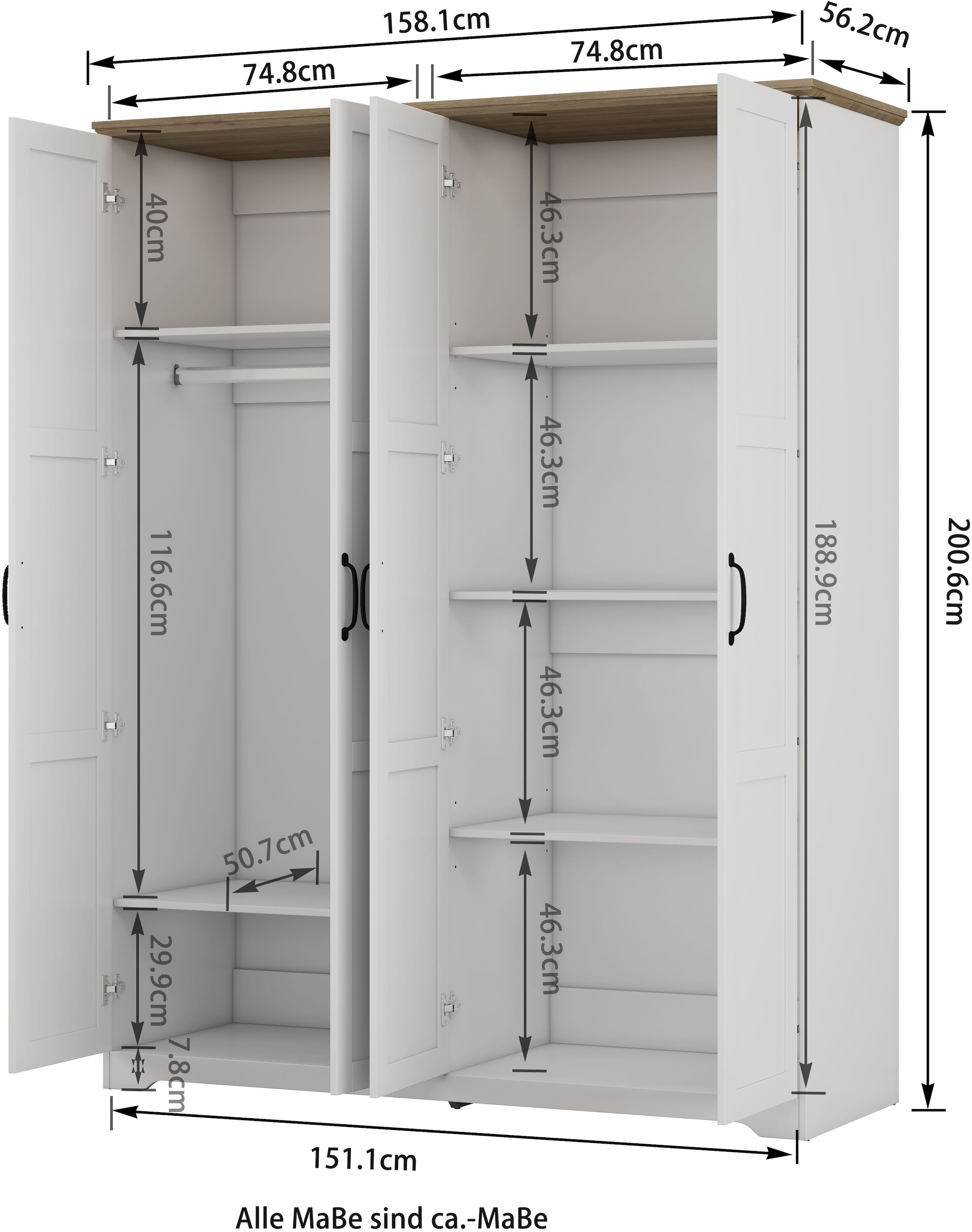 OTTO home Kleiderschrank »Emmilia Schrank Schlafzimmerschrank im Landhaus Design« Mit vielen Einlegeböden und Softclose Türen,  Landhaus Schrank mit  4 Türen Breite 151,1cm Höhe 2m