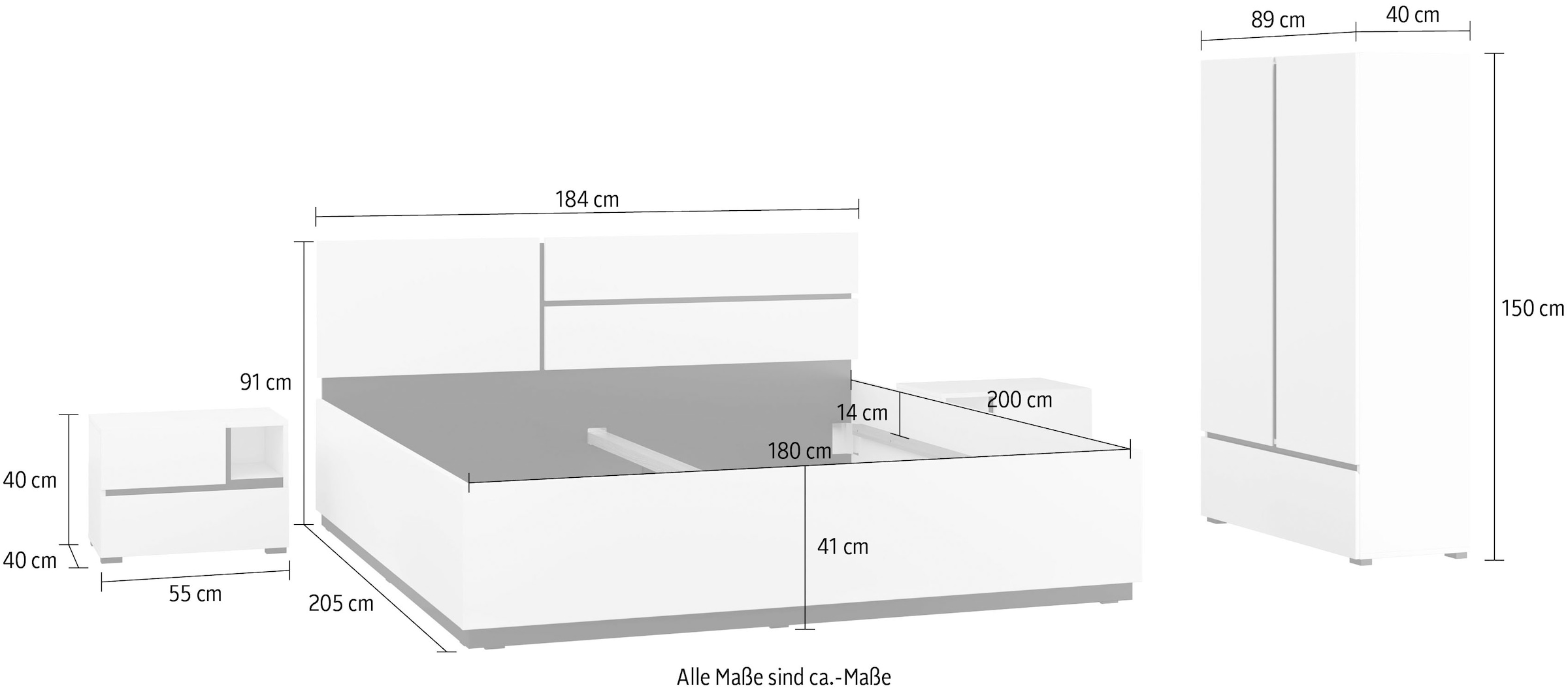 INOSIGN Schlafzimmer-Set »Cross, moderne, grifflose Optik, FSC-zertifiziert«, (4 tlg., Bett 180x200cm, 2 Nachtkommoden, Schrank 2-oder 4-türig), Komplettschlafzimmer-Set
