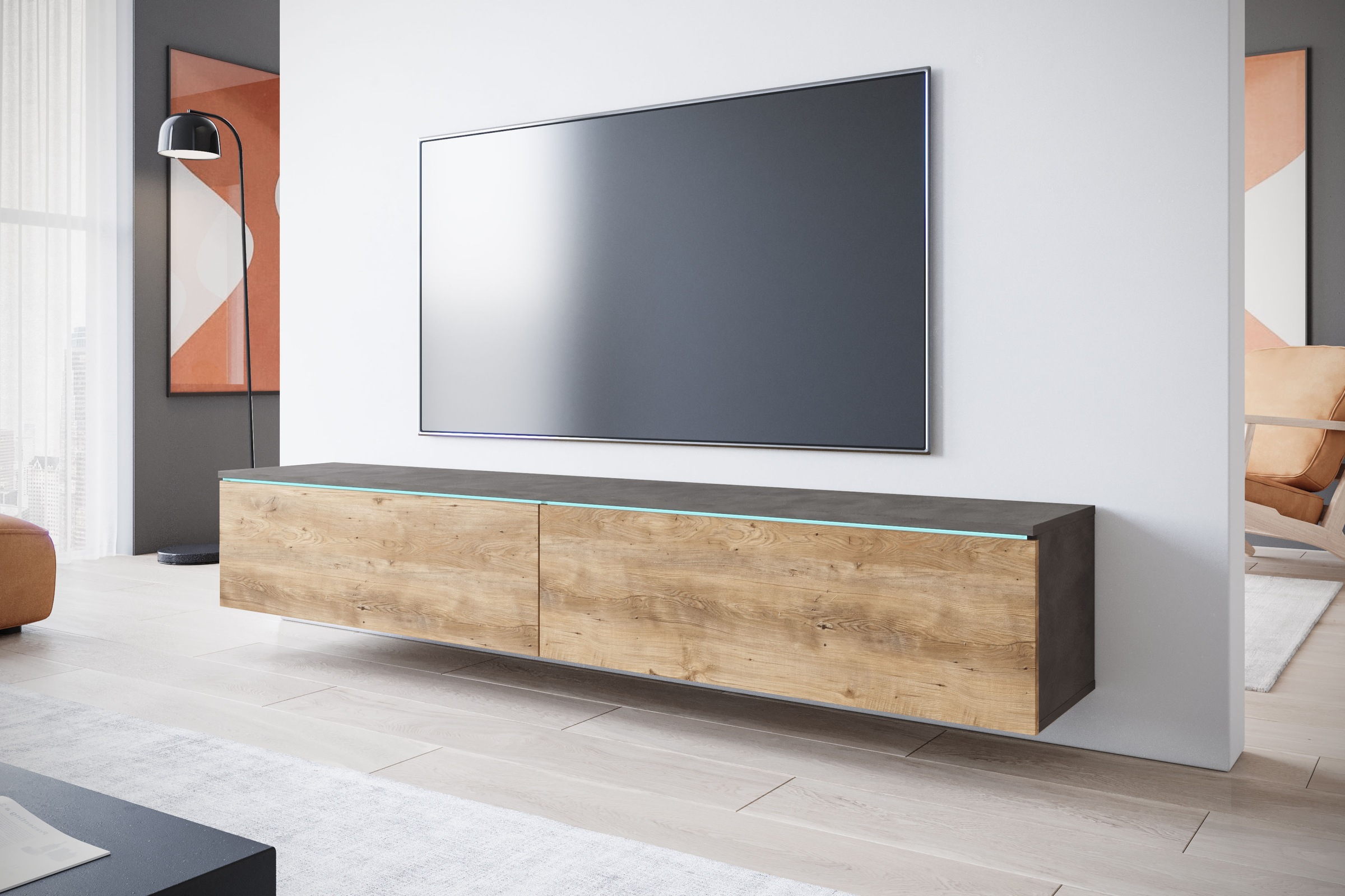 INOSIGN Lowboard »LOWBOARD VERA, wahlweise mit oder ohne Beleuchtung«, Modernes griffloses TV-Board, 180 cm TV-Schrank, stehend und hängend