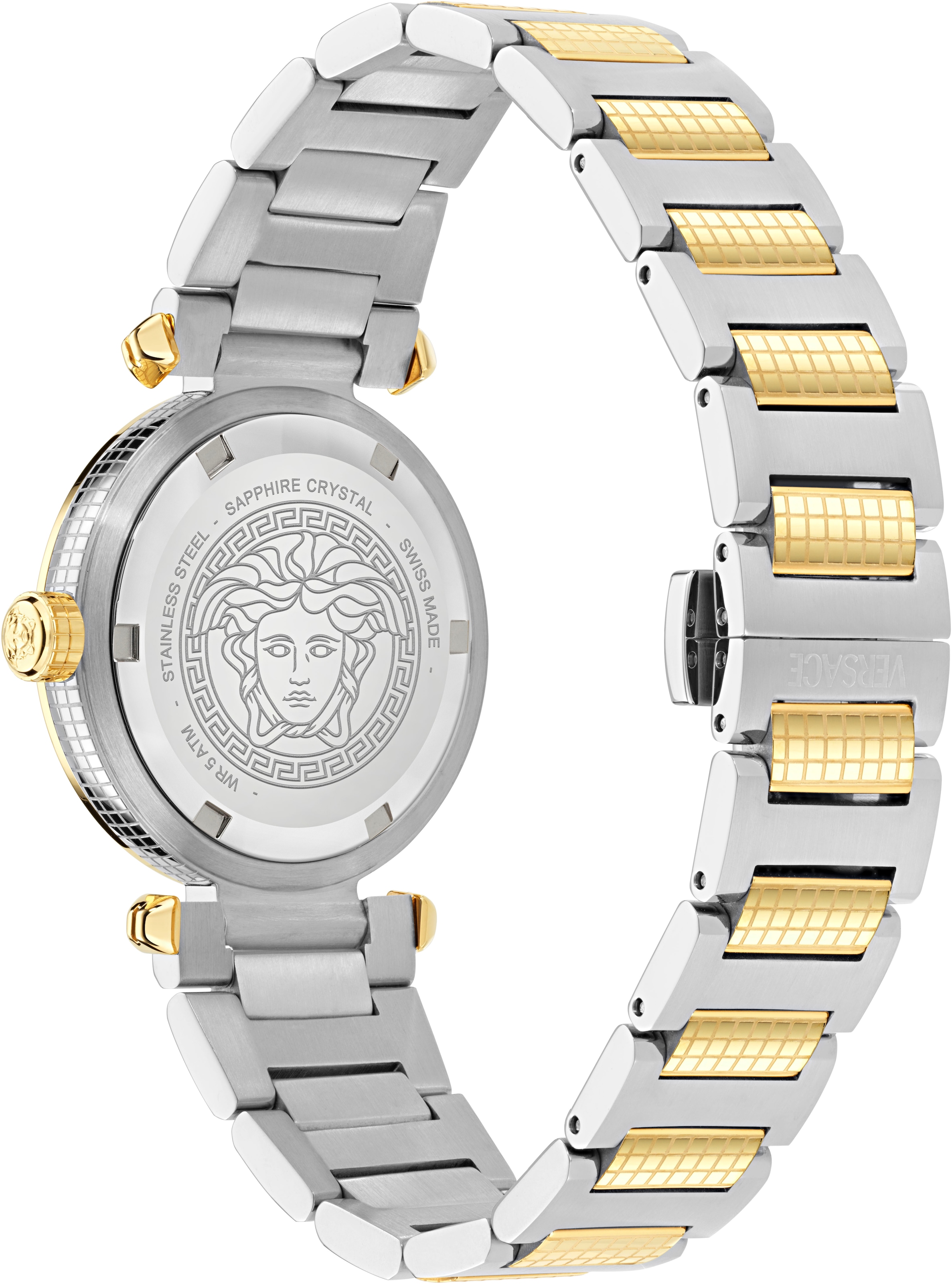 Versace Quarzuhr »VERSACE GREEK«, Armbanduhr, Damenuhr, Swiss Made, Edelstahlarmband, analog