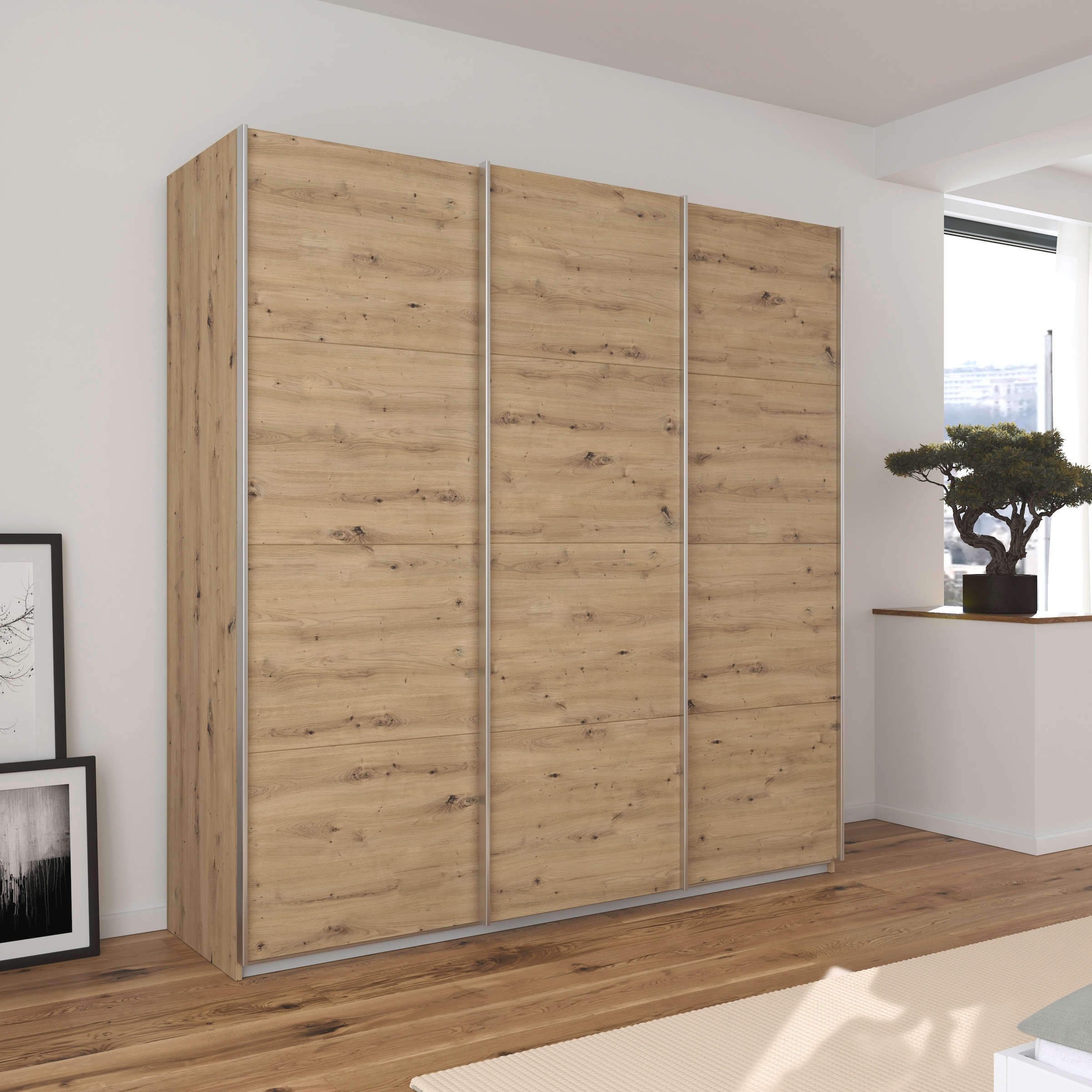 rauch Schwebetürenschrank »Kleiderschrank Schrank Garderobe AGORDO mit Dekor- oder Hochglanzfront«, (in zwei Griff-Farben), durchdachte Innenausstattung, in 4 Breiten und 2 Höhen MADE IN GERMANY