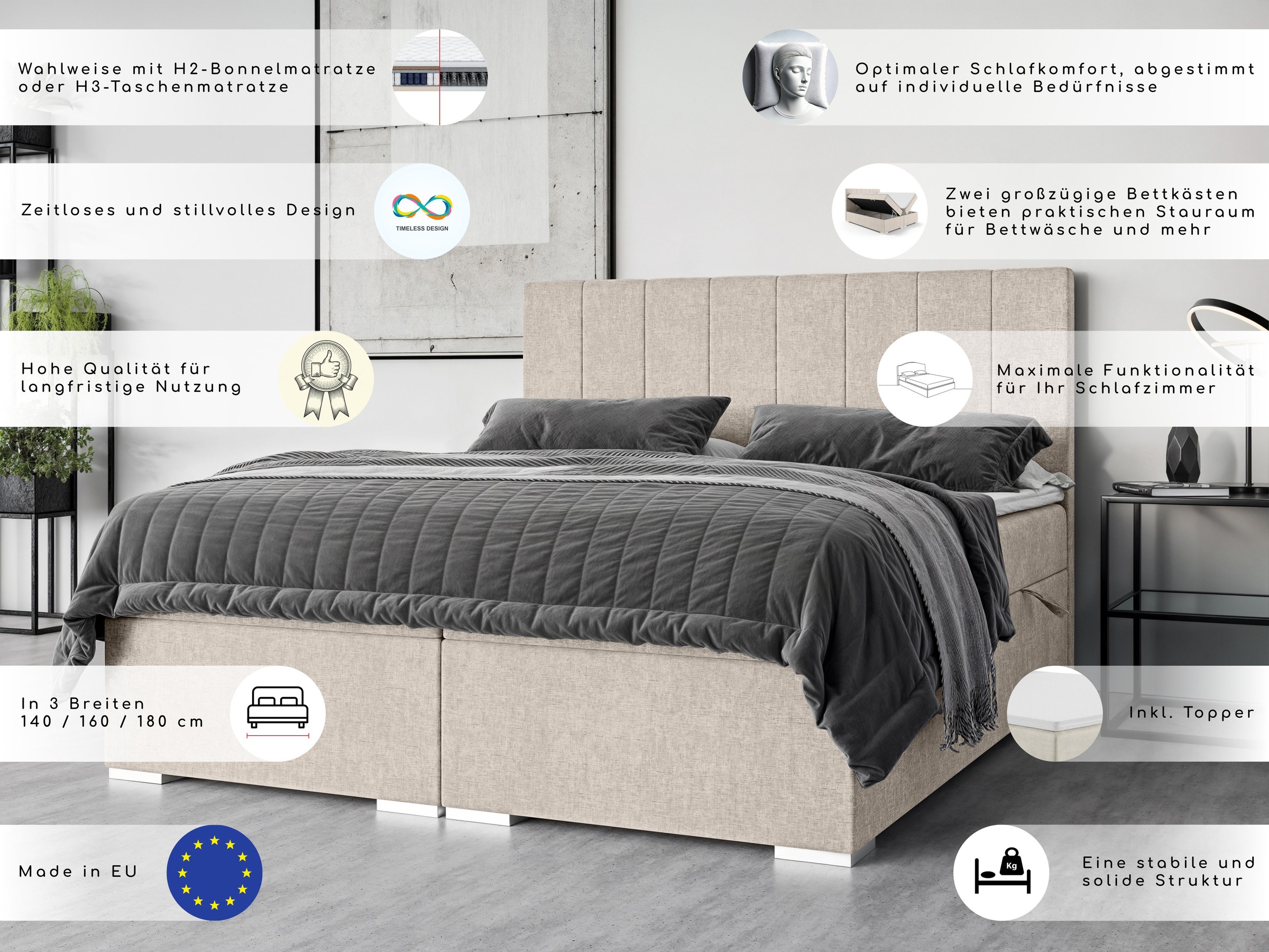 Home affaire Polsterbett »Ginoro mit Matratze und Topper, in 3 Breiten (140, 160 und 180 cm)« Boxspringbett mit Kopfteil, Bettkasten, Matratze (BFK/TFK) und Topper