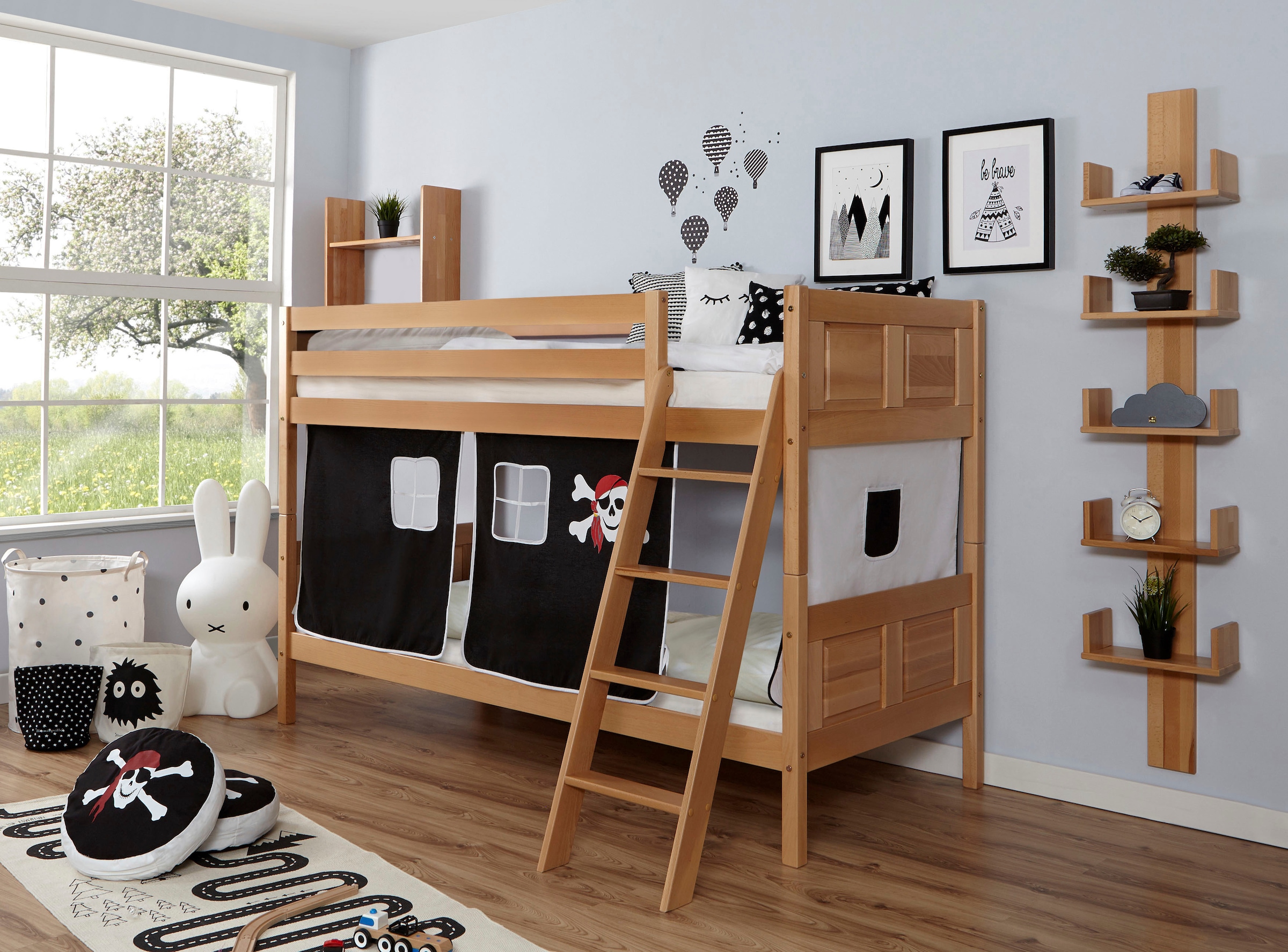 Ticaa Etagenbett »Erni«, mit Rollrost und Textil-Set wahlweise mit Matratze, Buche