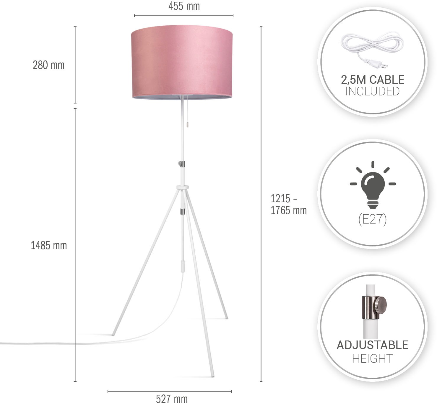 Paco Home Stehlampe »Naomi uni Color« E27 Wohnzimmer Höhenverstellbar 121,5 bis 176,5 cm Zugschalter Velour